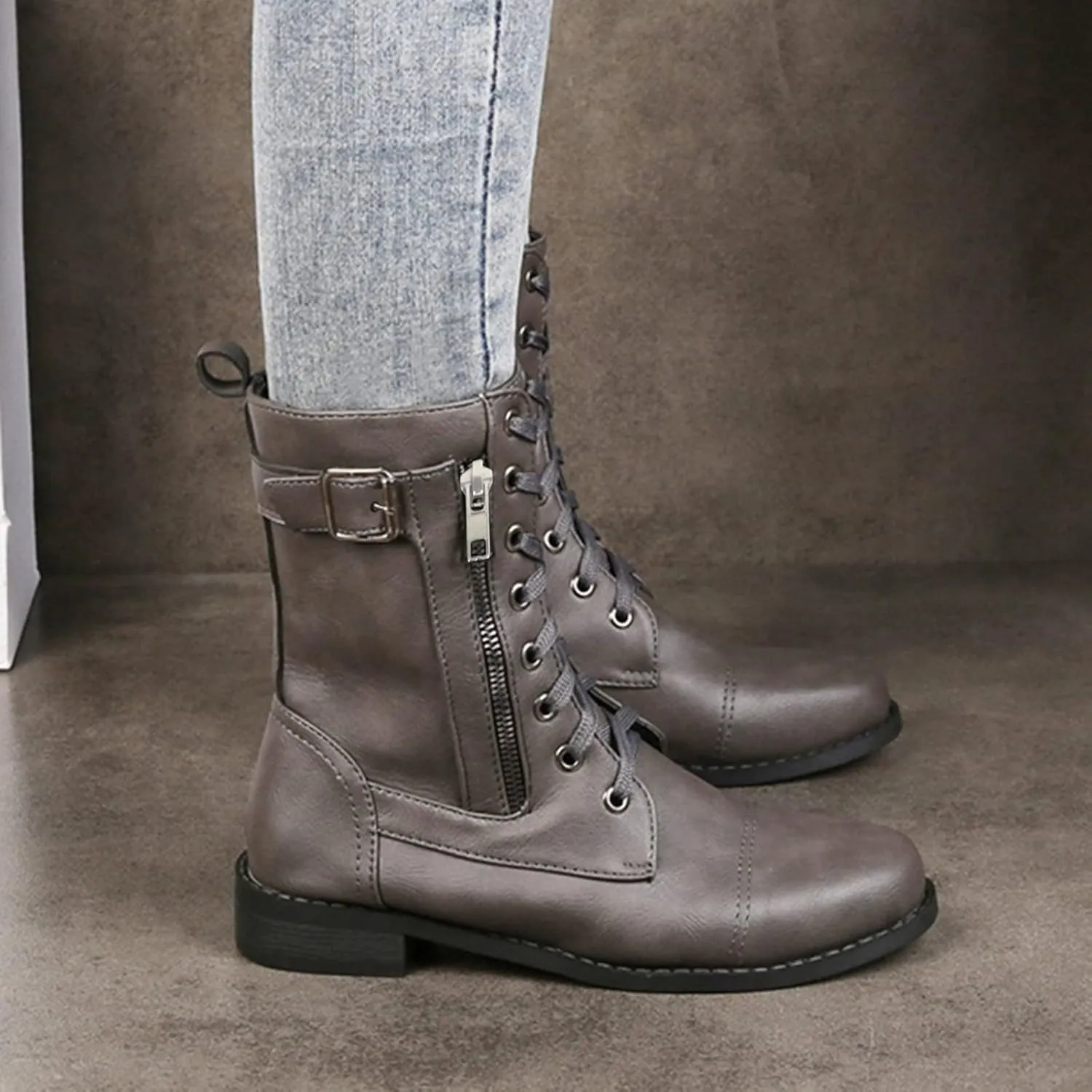 Womens Ankle Boots Low Heel,Gothic Lace Up Combat Boots Side Zipper Motorcycle Boots Comfy Leather Boots for Women