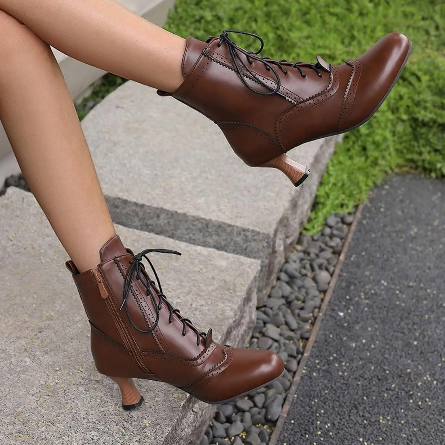 Womens Ankle Boots Wide Calf,Mid Heel Victorian Boots Vintage Lace Up Dance Booties Cosplay Witch Shoes for Women