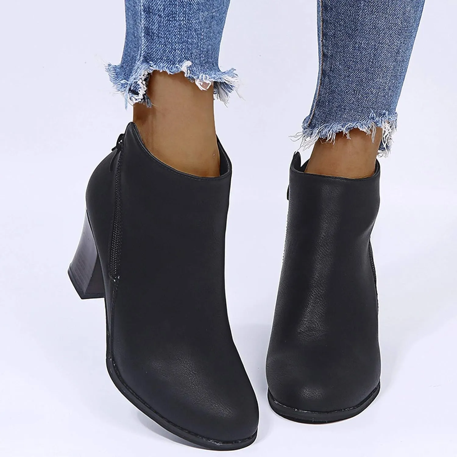 Women's Ankle Boots Wide Mid Heel Side Zipper Booties Leather Round Toe Side Booties Retro Dress Short Boots