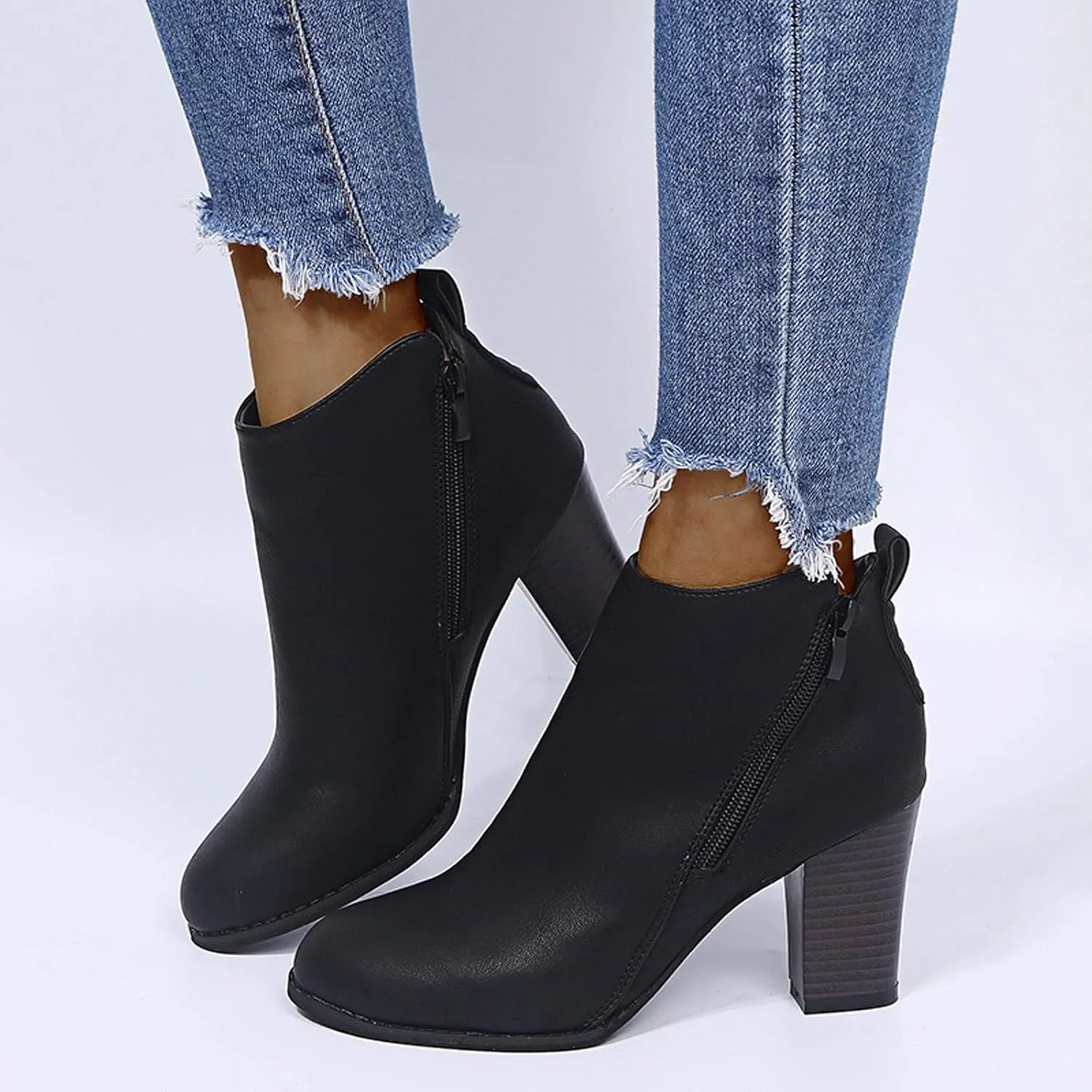 Women's Ankle Boots Wide Mid Heel Side Zipper Booties Leather Round Toe Side Booties Retro Dress Short Boots