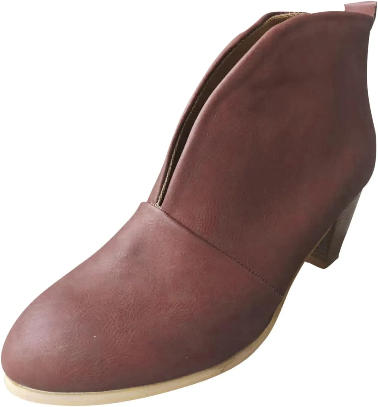 Womens Ankle Boots Wide Width,Vintage Front Deep V Cut Short Booties Casual Pull On Fall Boots Mid Chunky Heels Shoes