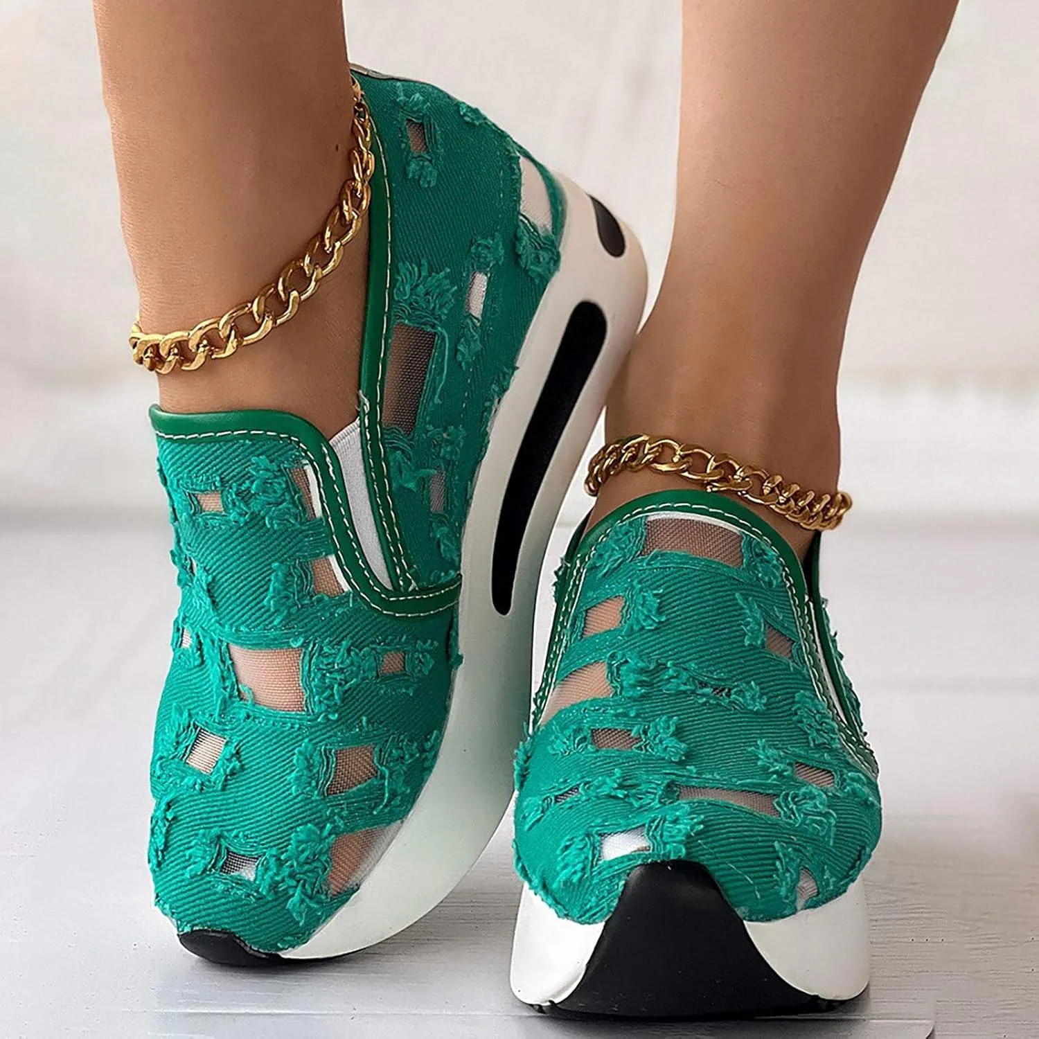 Womens Canvas Slip on Sneakers Walking Tennis Flat Dress Loafers Platform Wedge Mesh Shoes Embroidery Sneakers Casual Close