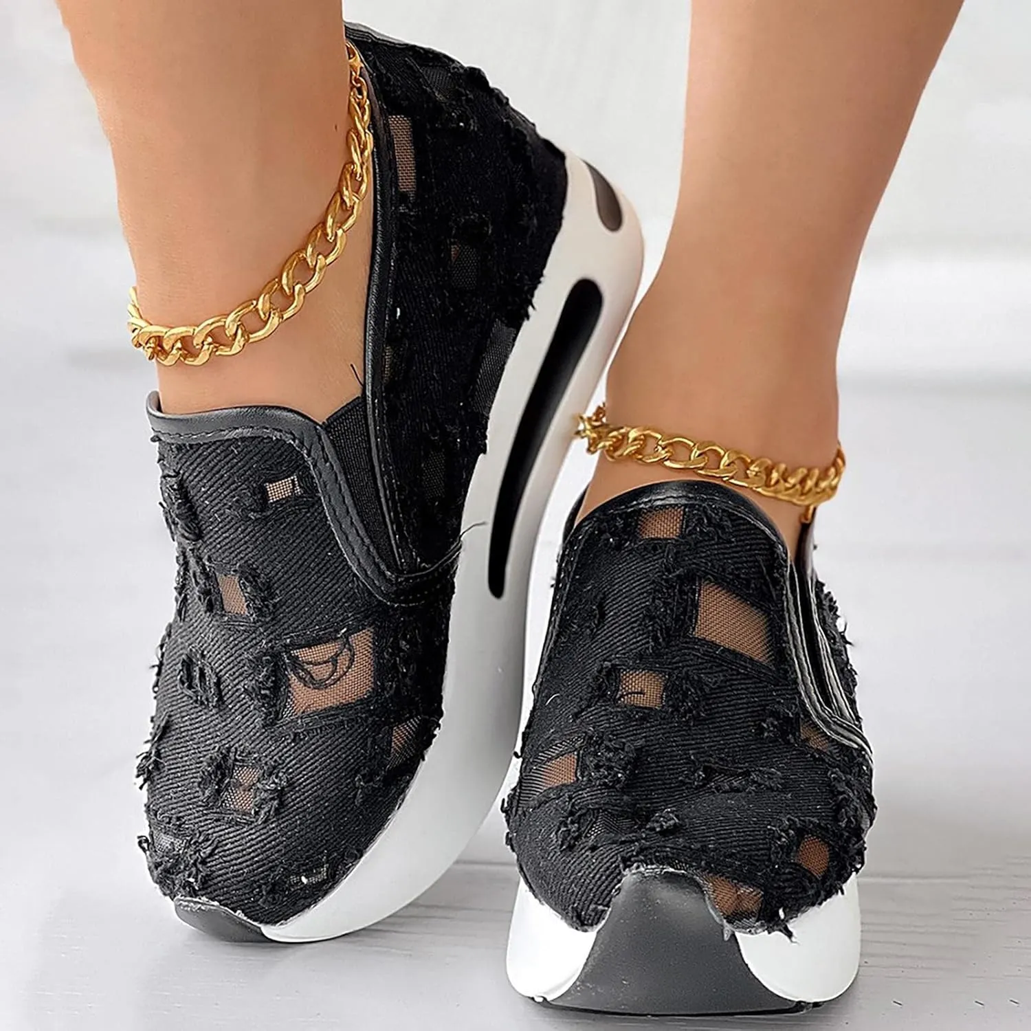 Womens Canvas Slip on Sneakers Walking Tennis Flat Dress Loafers Platform Wedge Mesh Shoes Embroidery Sneakers Casual Close