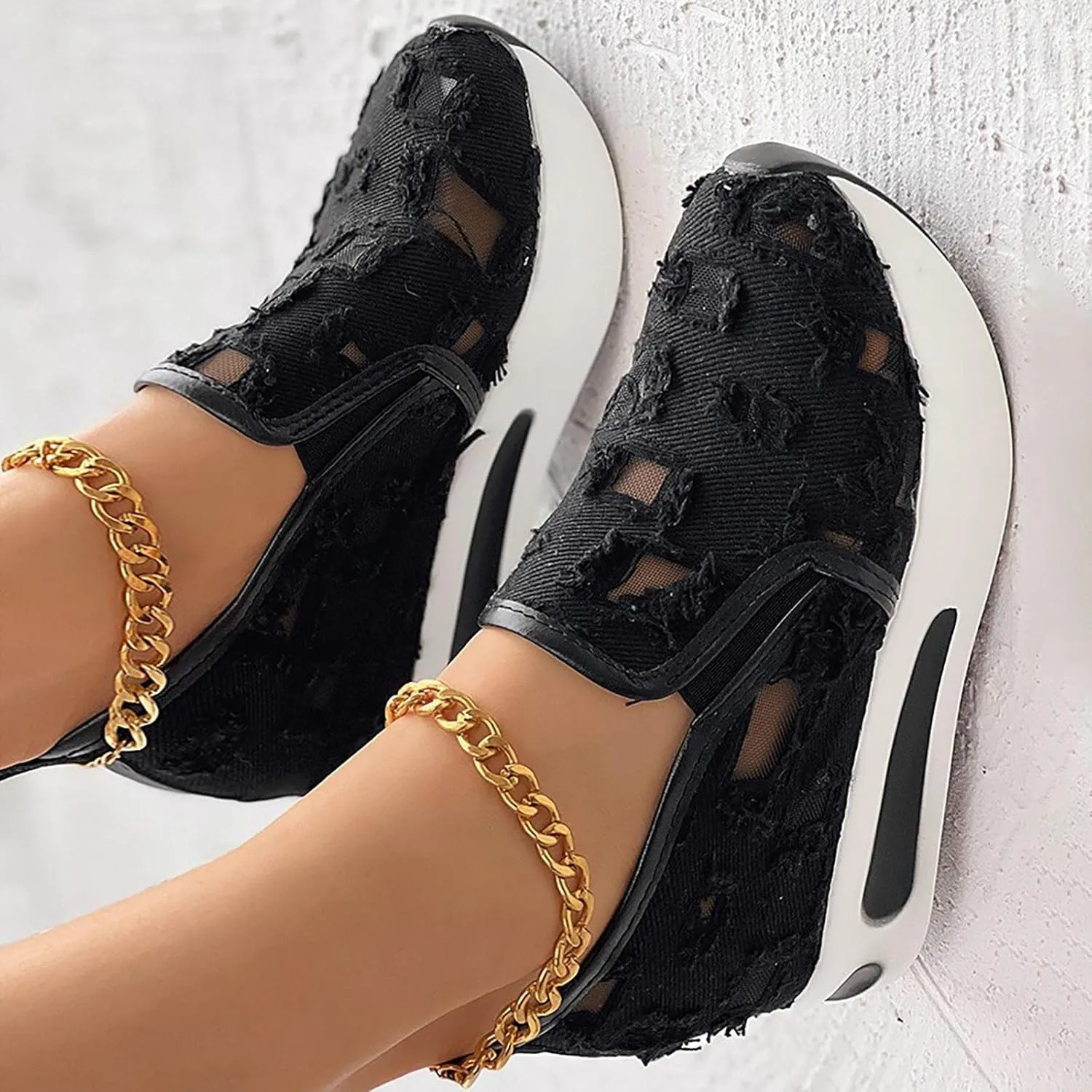 Womens Canvas Slip on Sneakers Walking Tennis Flat Dress Loafers Platform Wedge Mesh Shoes Embroidery Sneakers Casual Close