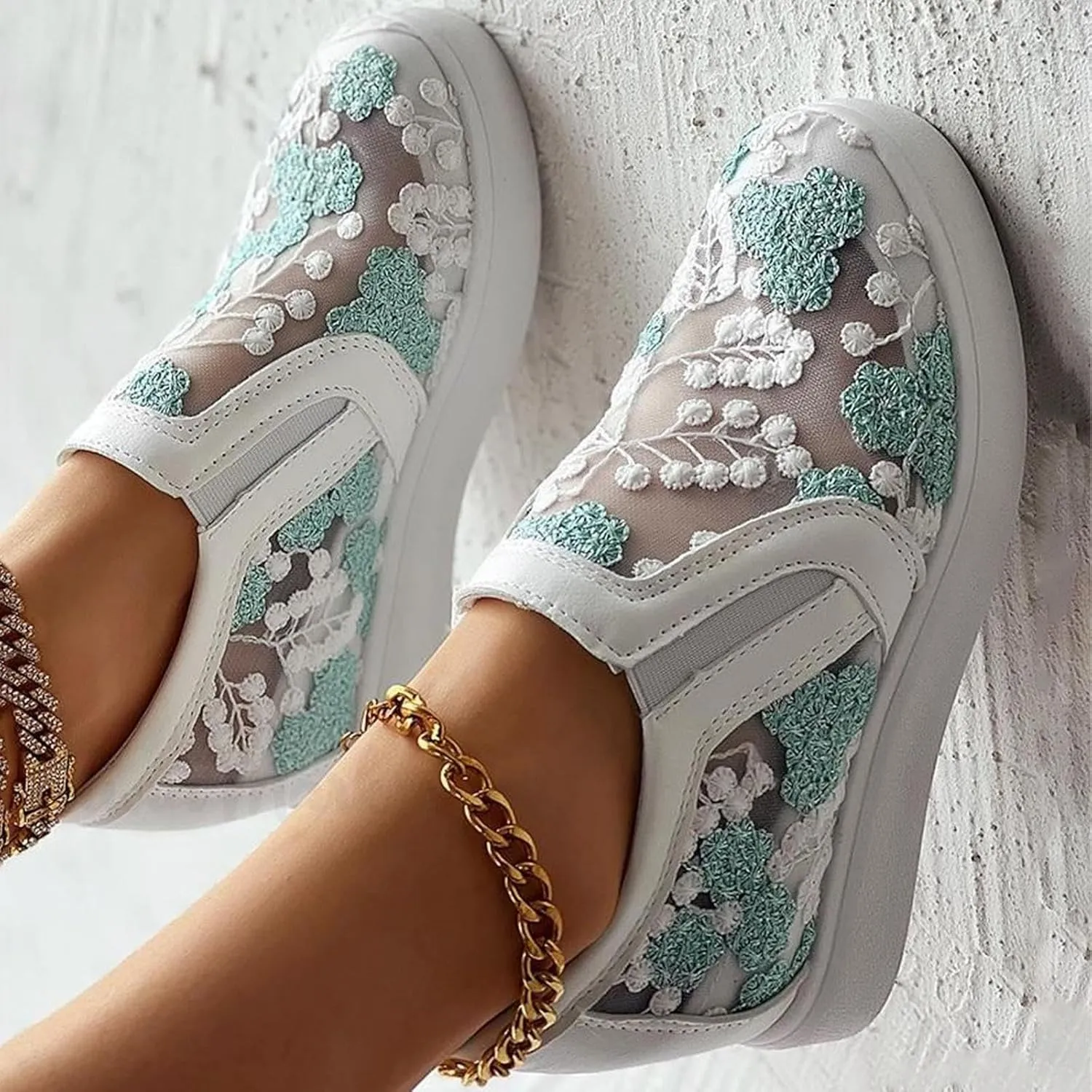 Womens Canvas Slip on Sneakers Walking Tennis Flat Dress Loafers Platform Wedge Mesh Shoes Embroidery Sneakers Casual Slides