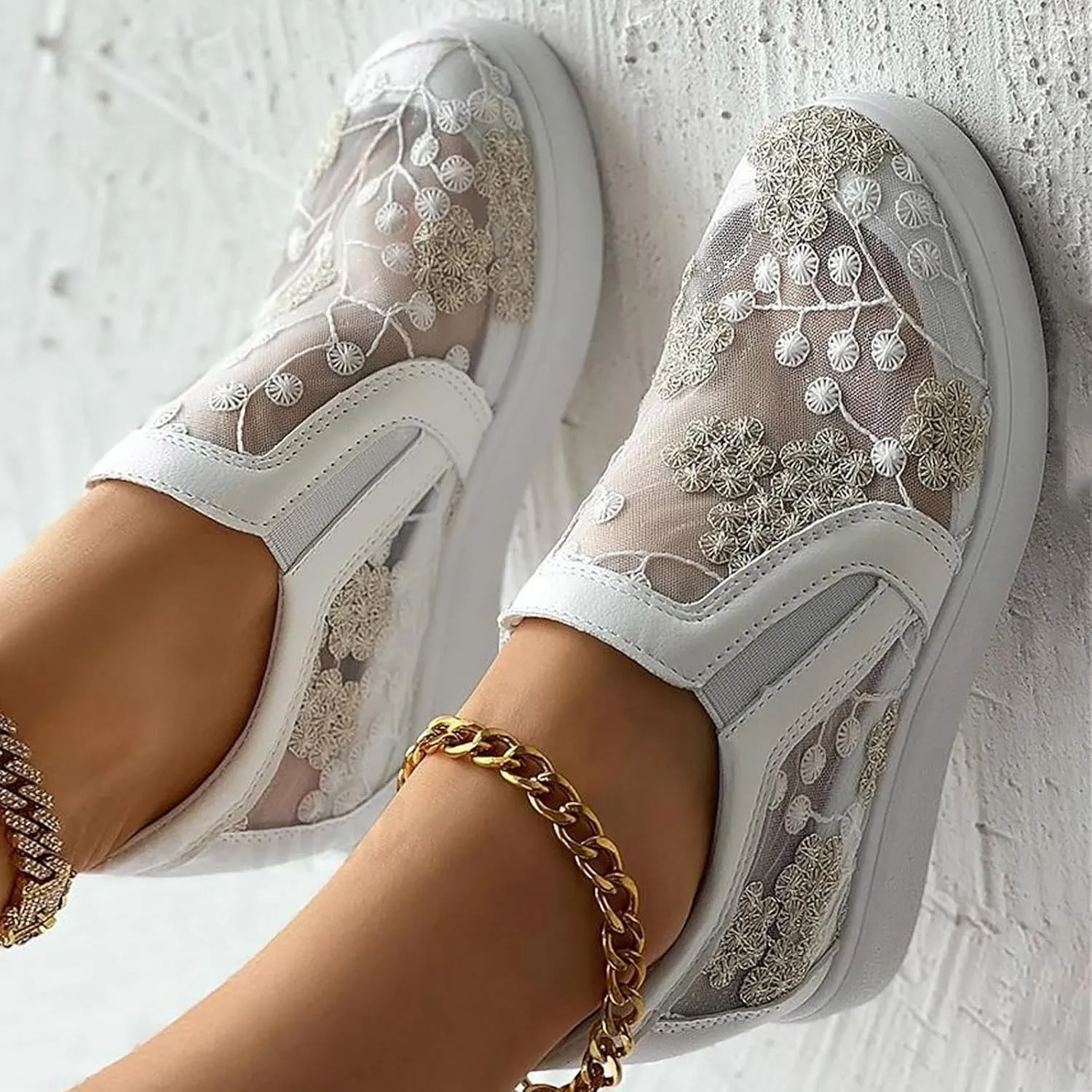 Womens Canvas Slip on Sneakers Walking Tennis Flat Dress Loafers Platform Wedge Mesh Shoes Embroidery Sneakers Casual Slides