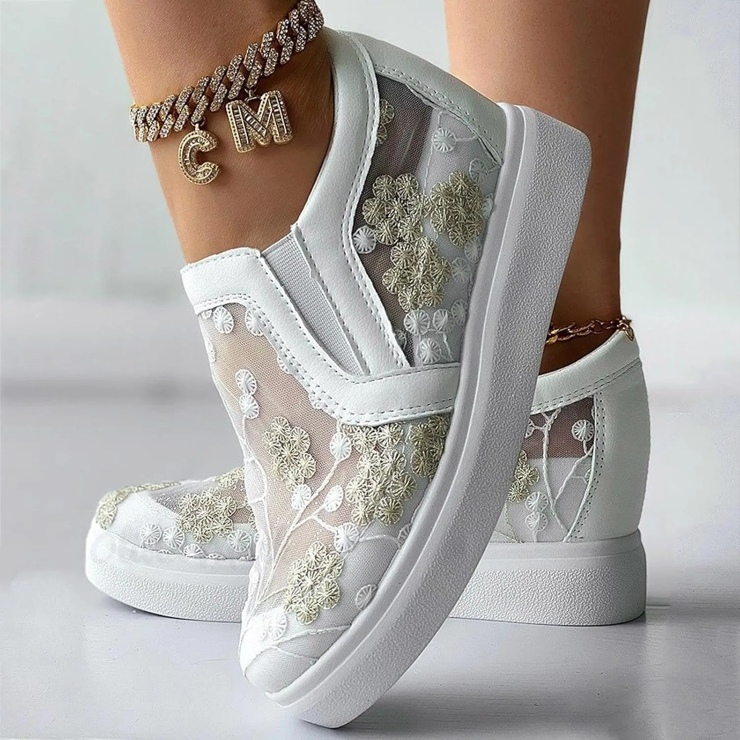 Womens Canvas Slip on Sneakers Walking Tennis Flat Dress Loafers Platform Wedge Mesh Shoes Embroidery Sneakers Casual Slides