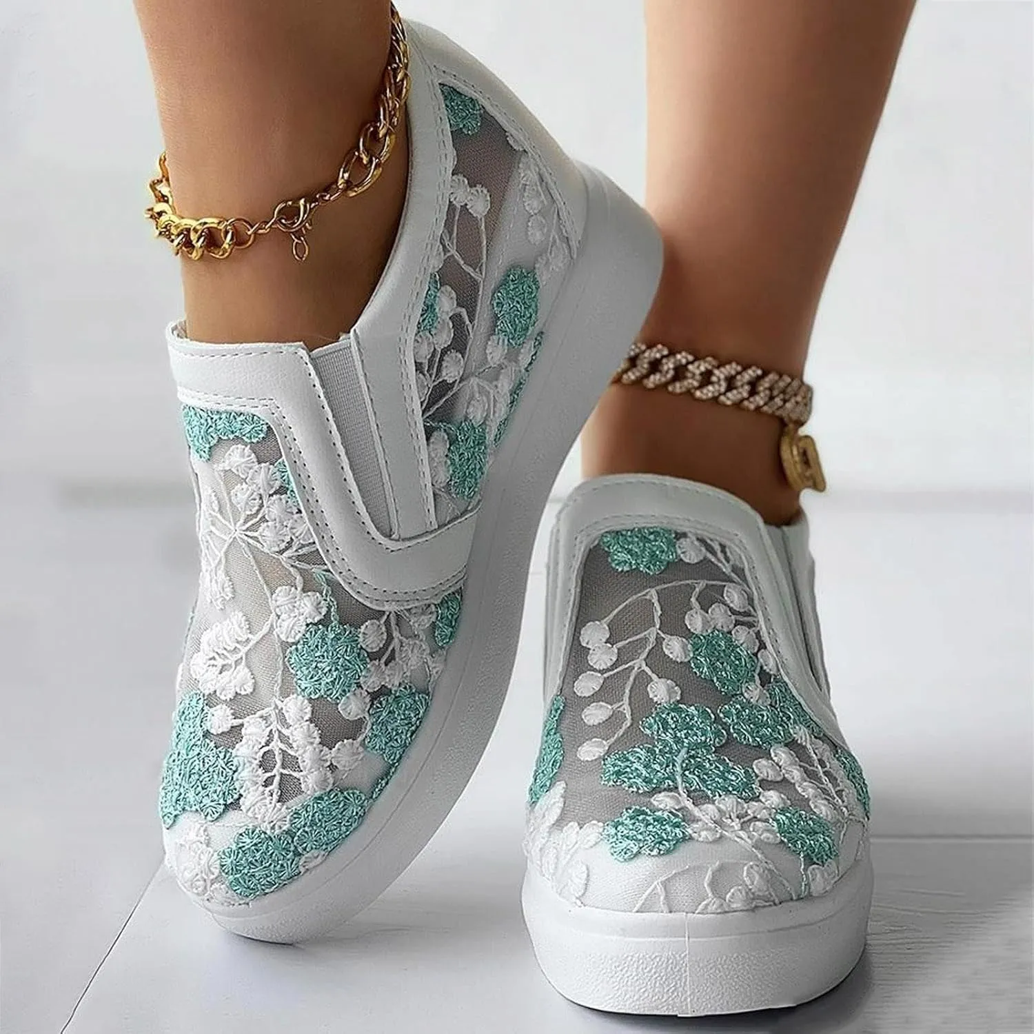 Womens Canvas Slip on Sneakers Walking Tennis Flat Dress Loafers Platform Wedge Mesh Shoes Embroidery Sneakers Casual Slides