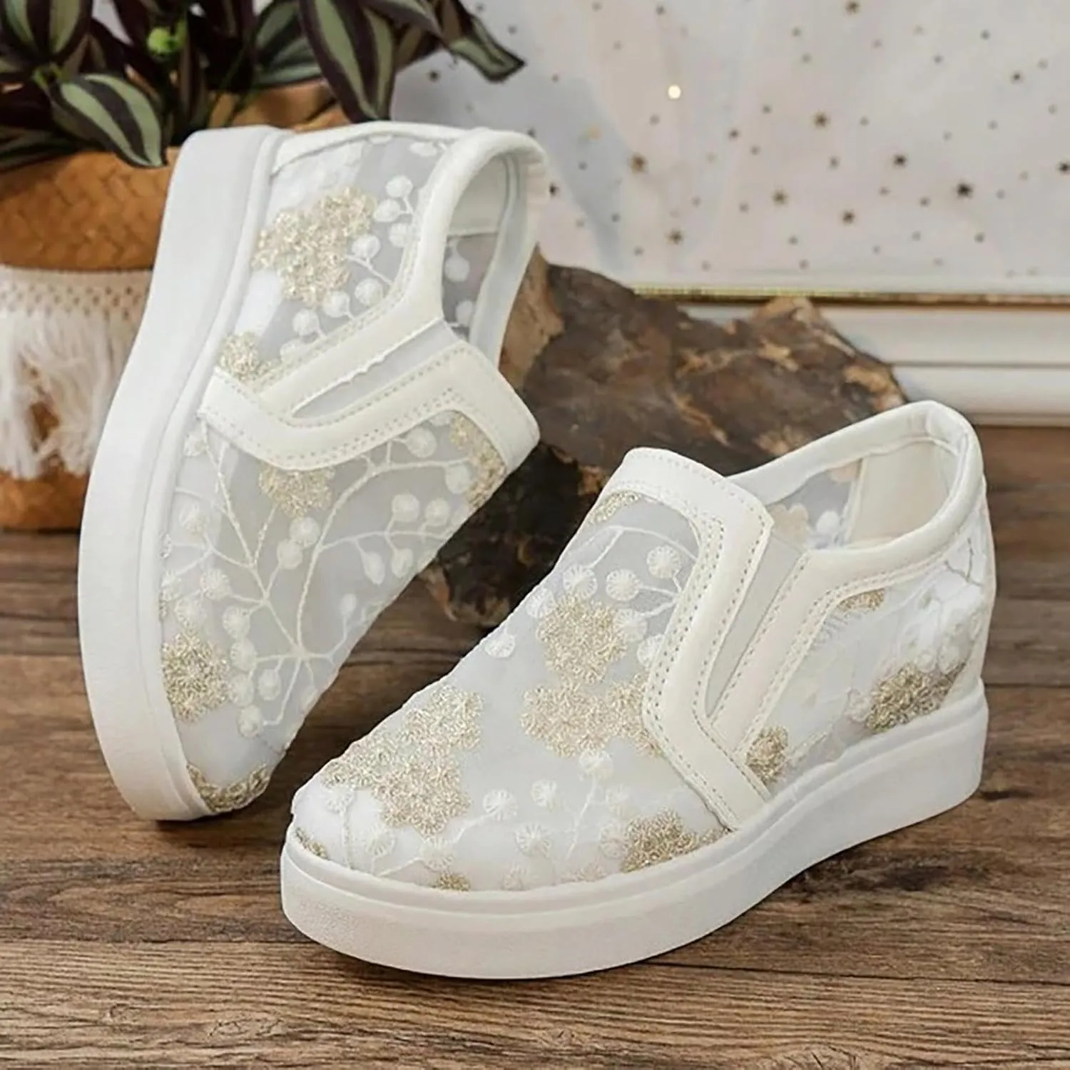 Womens Canvas Slip on Sneakers Walking Tennis Flat Dress Loafers Platform Wedge Mesh Shoes Embroidery Sneakers Casual Slides
