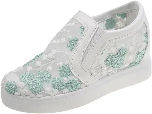 Womens Canvas Slip on Sneakers Walking Tennis Flat Dress Loafers Platform Wedge Mesh Shoes Embroidery Sneakers Casual Slides