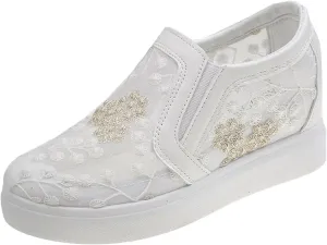 Womens Canvas Slip on Sneakers Walking Tennis Flat Dress Loafers Platform Wedge Mesh Shoes Embroidery Sneakers Casual Slides