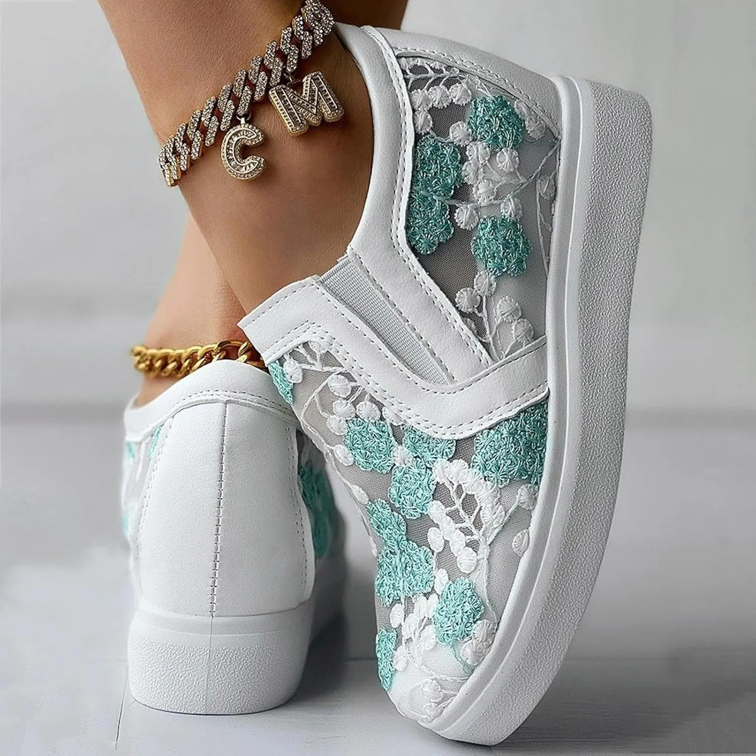 Womens Canvas Slip on Sneakers Walking Tennis Flat Dress Loafers Platform Wedge Mesh Shoes Embroidery Sneakers Casual Slides