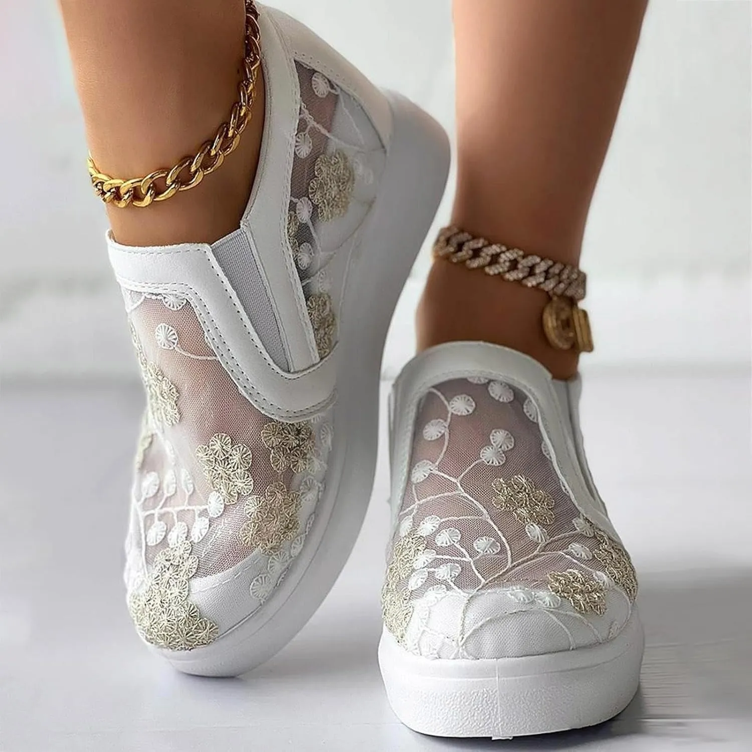Womens Canvas Slip on Sneakers Walking Tennis Flat Dress Loafers Platform Wedge Mesh Shoes Embroidery Sneakers Casual Slides