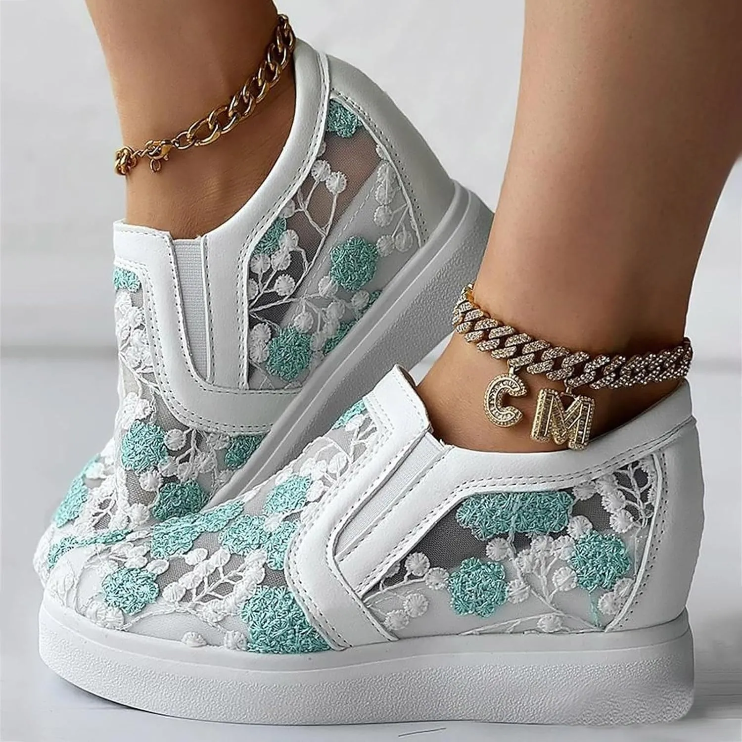 Womens Canvas Slip on Sneakers Walking Tennis Flat Dress Loafers Platform Wedge Mesh Shoes Embroidery Sneakers Casual Slides
