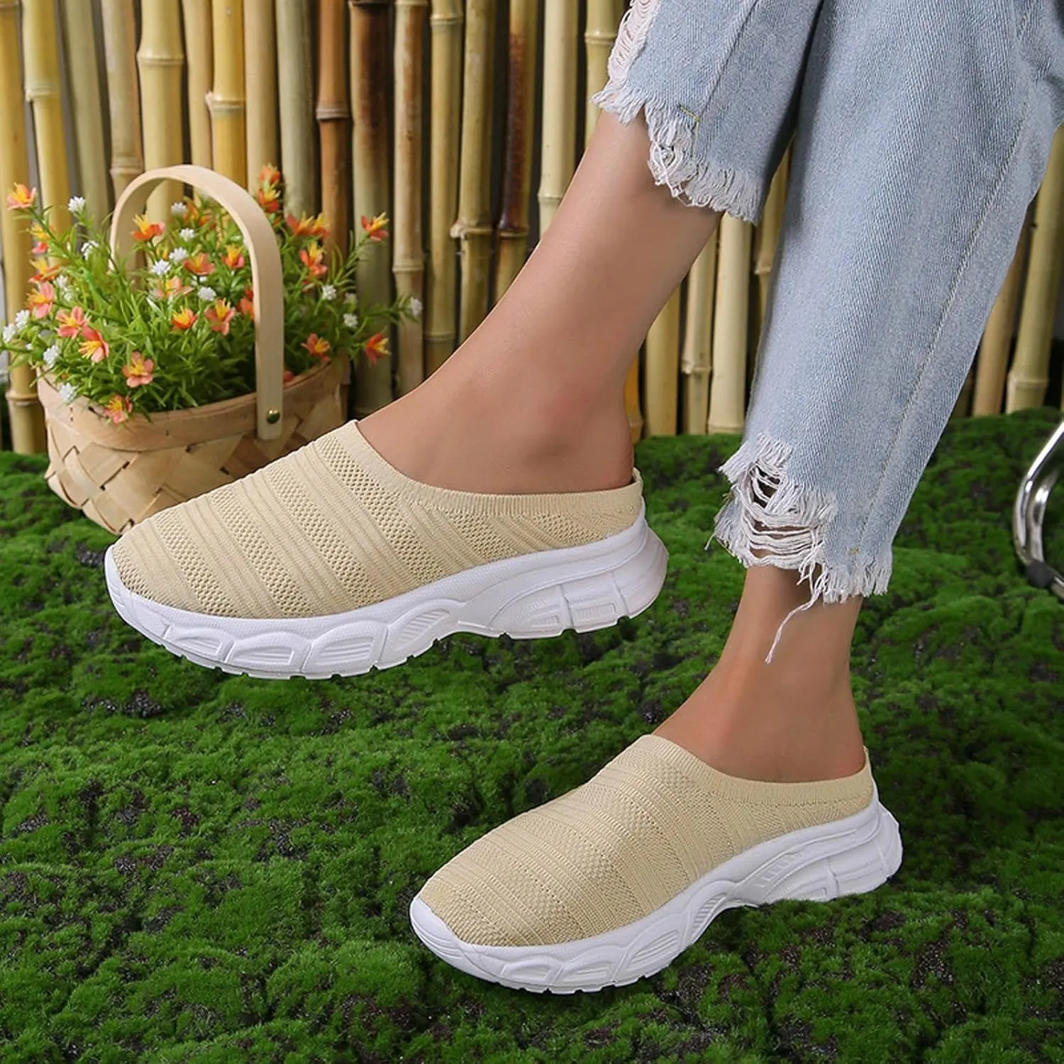 Womens Canvas Slip on Sneakers Walking Tennis Flat Dress Loafers Platform Wedge Mesh Shoes Embroidery Sneakers Casual T-Strap