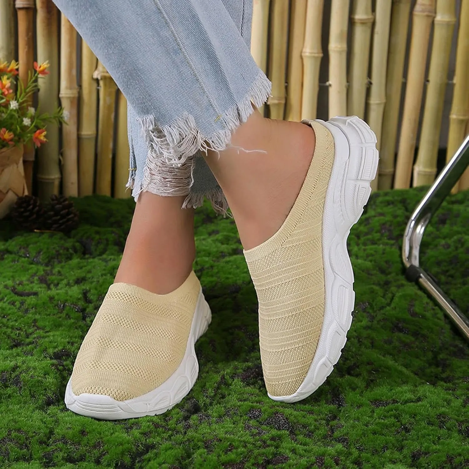 Womens Canvas Slip on Sneakers Walking Tennis Flat Dress Loafers Platform Wedge Mesh Shoes Embroidery Sneakers Casual T-Strap