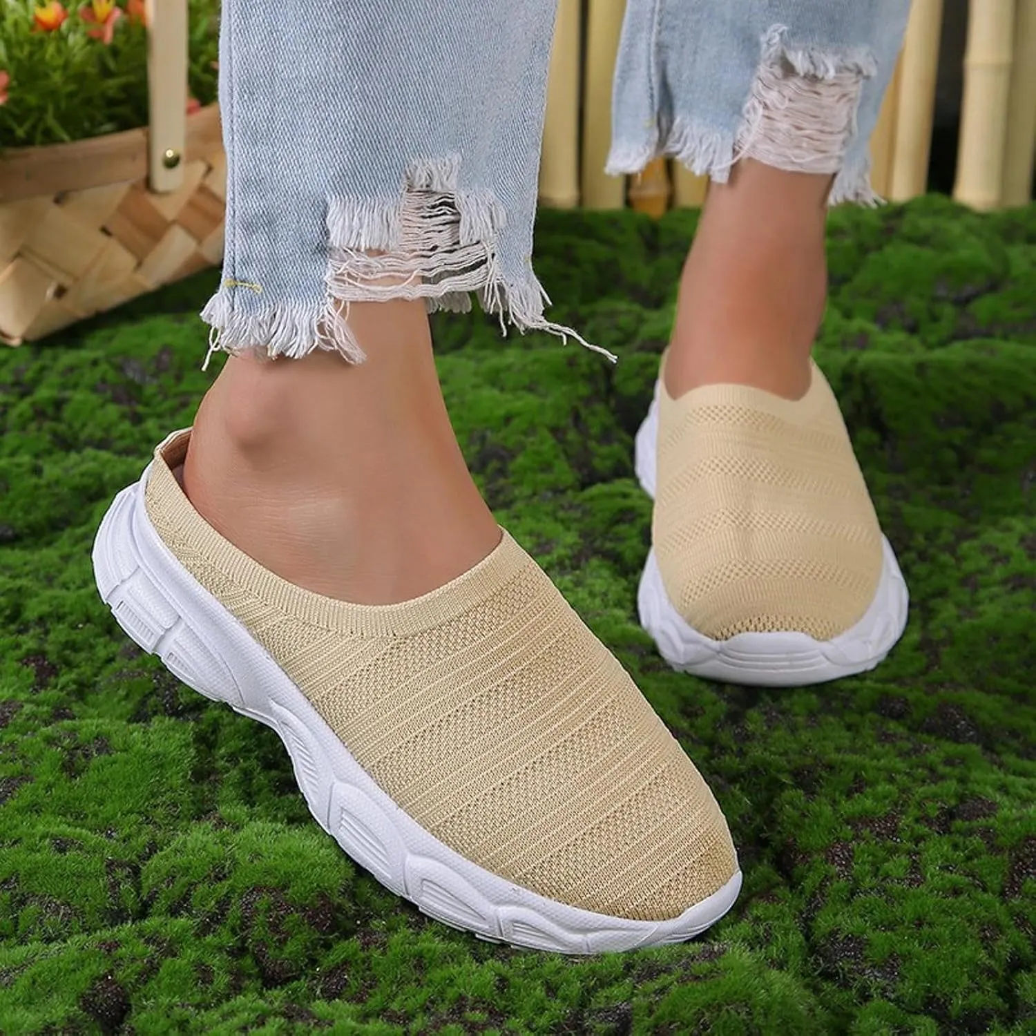 Womens Canvas Slip on Sneakers Walking Tennis Flat Dress Loafers Platform Wedge Mesh Shoes Embroidery Sneakers Casual T-Strap