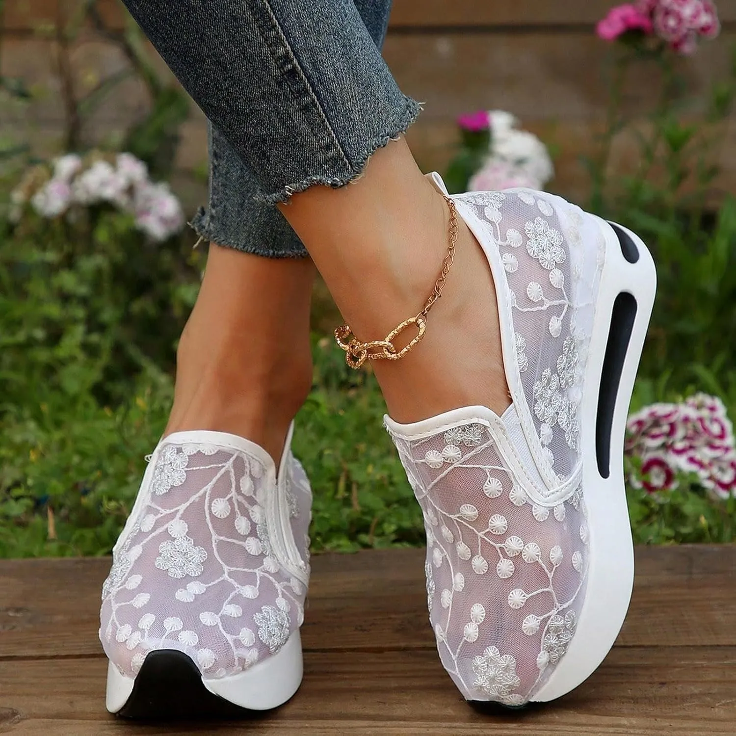 Womens Canvas Slip on Sneakers Walking Tennis Flat Dress Loafers Platform Wedge Mesh Shoes Embroidery Sneakers Casual