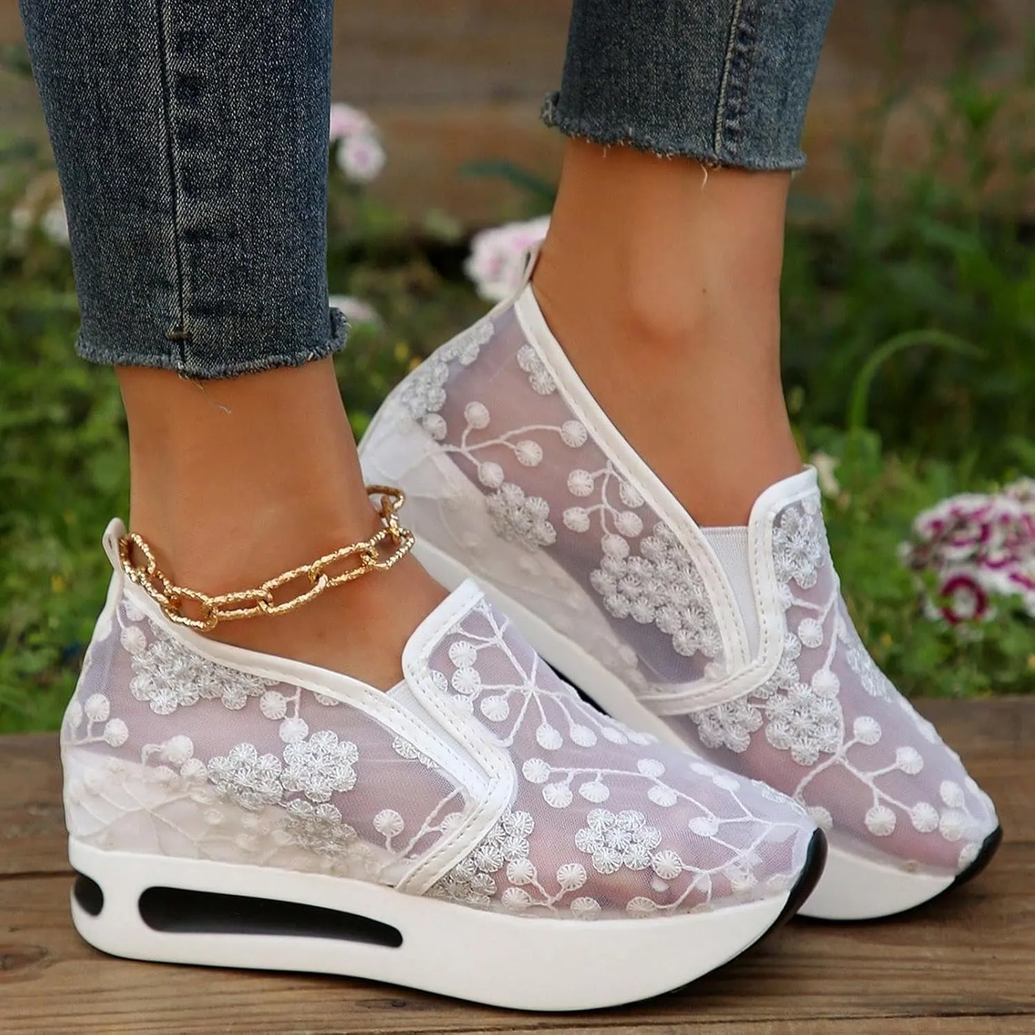 Womens Canvas Slip on Sneakers Walking Tennis Flat Dress Loafers Platform Wedge Mesh Shoes Embroidery Sneakers Casual