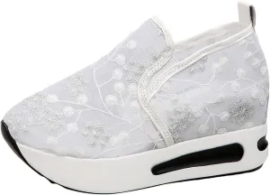 Womens Canvas Slip on Sneakers Walking Tennis Flat Dress Loafers Platform Wedge Mesh Shoes Embroidery Sneakers Casual