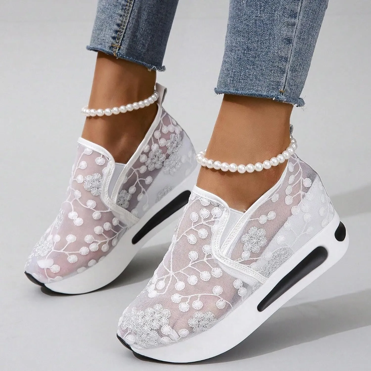 Womens Canvas Slip on Sneakers Walking Tennis Flat Dress Loafers Platform Wedge Mesh Shoes Embroidery Sneakers Casual