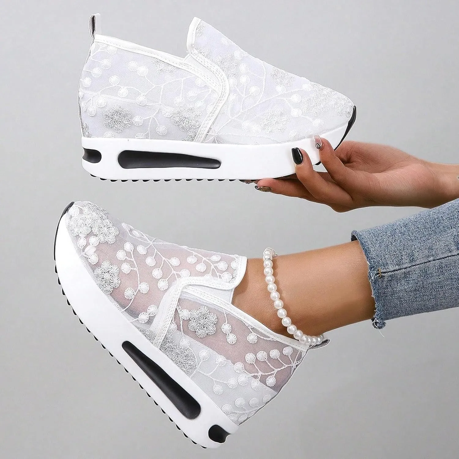 Womens Canvas Slip on Sneakers Walking Tennis Flat Dress Loafers Platform Wedge Mesh Shoes Embroidery Sneakers Casual
