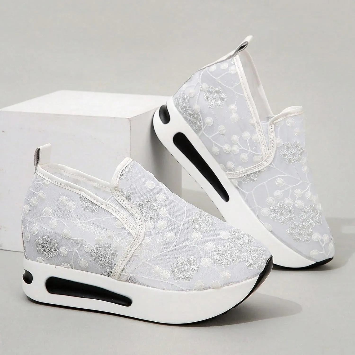 Womens Canvas Slip on Sneakers Walking Tennis Flat Dress Loafers Platform Wedge Mesh Shoes Embroidery Sneakers Casual