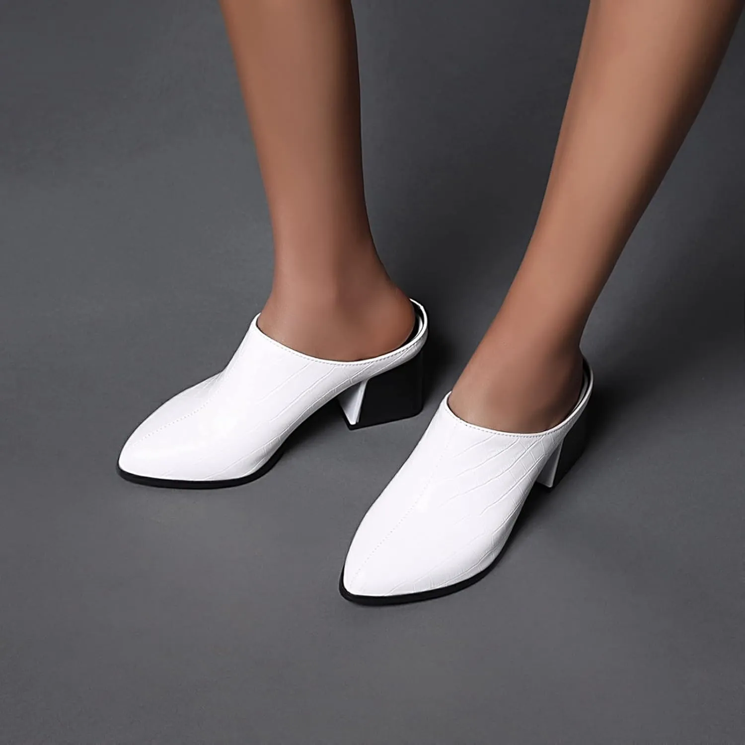 Womens Chunky Heels Mules Pointed Closed Toe Sandals Backless Loafers Block Mid Heel Slip-on Booties