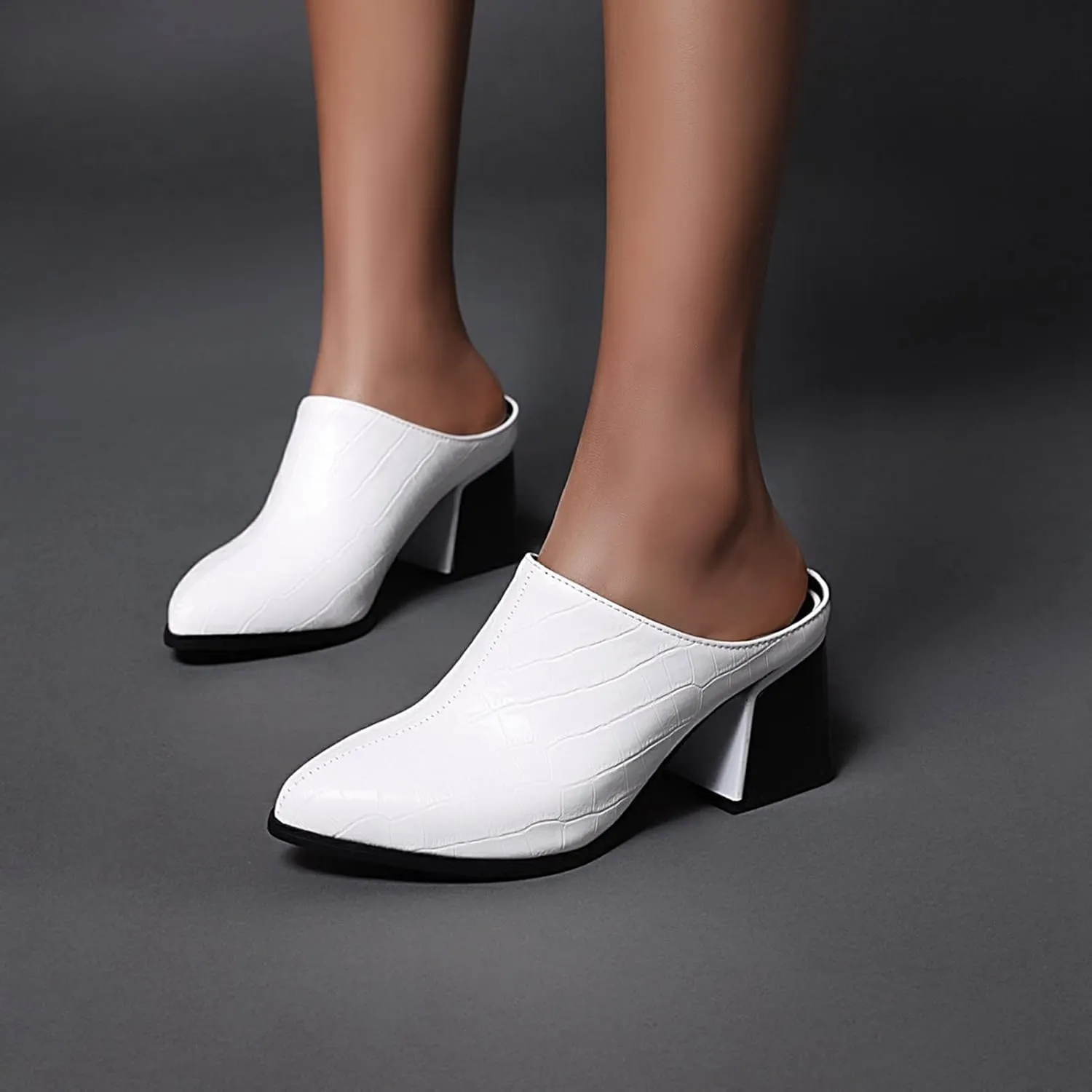 Womens Chunky Heels Mules Pointed Closed Toe Sandals Backless Loafers Block Mid Heel Slip-on Booties