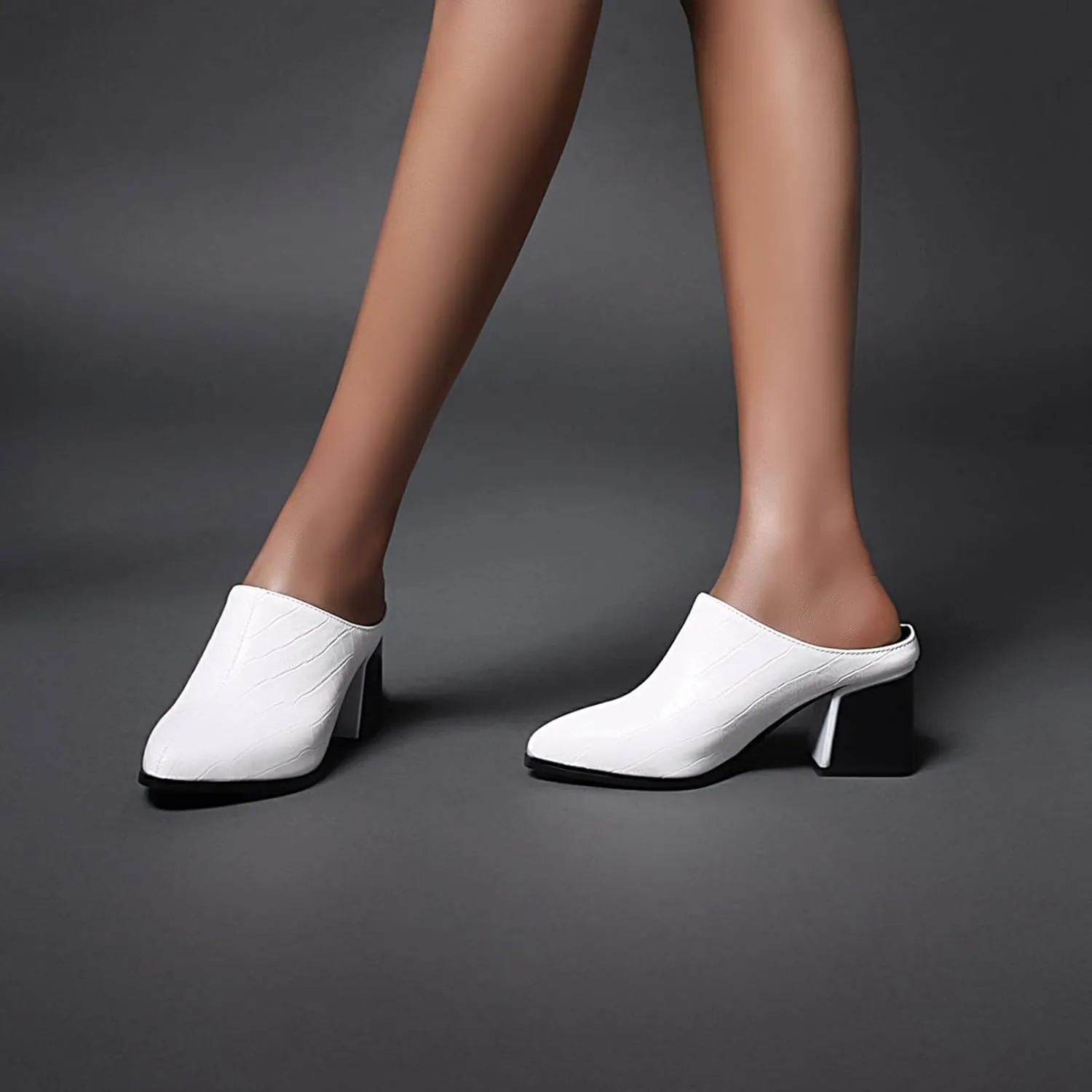 Womens Chunky Heels Mules Pointed Closed Toe Sandals Backless Loafers Block Mid Heel Slip-on Booties