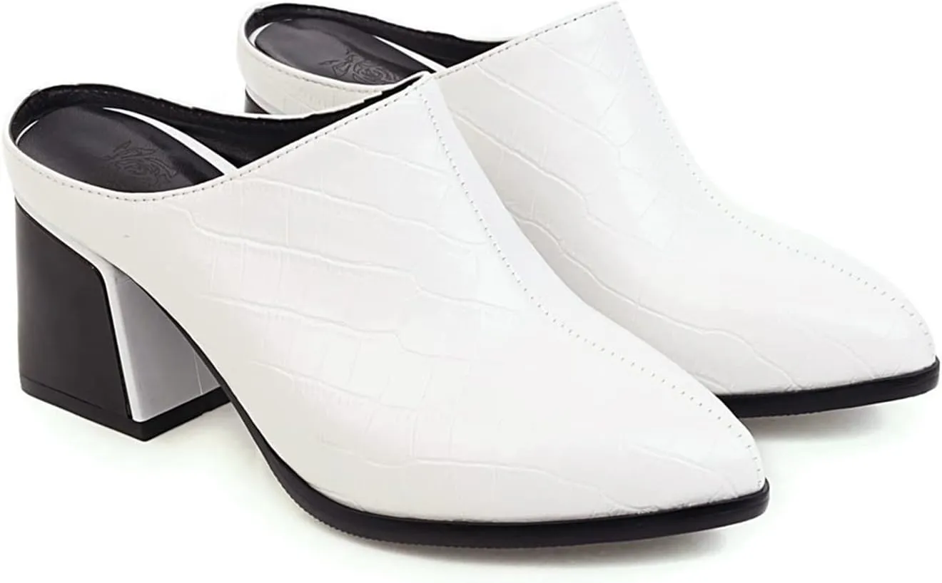 Womens Chunky Heels Mules Pointed Closed Toe Sandals Backless Loafers Block Mid Heel Slip-on Booties