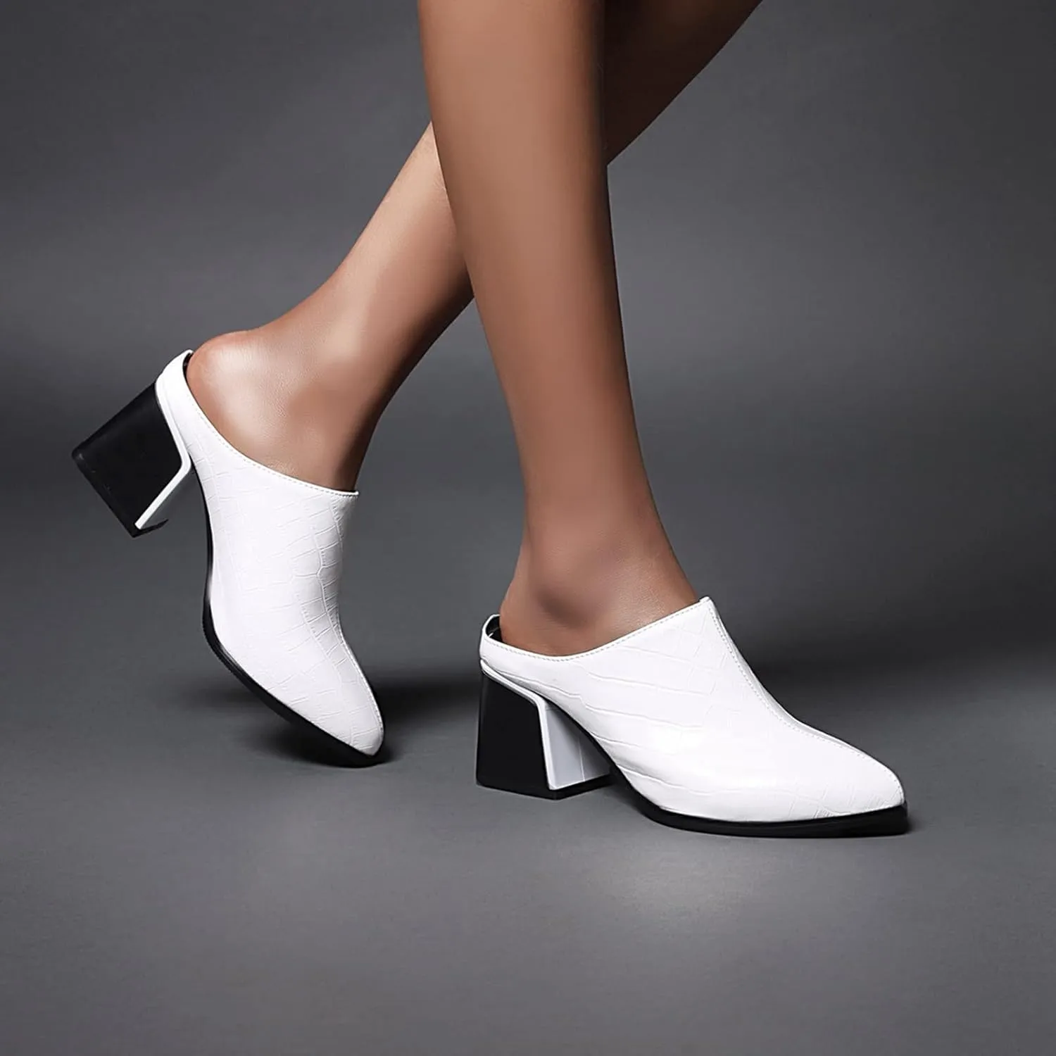 Womens Chunky Heels Mules Pointed Closed Toe Sandals Backless Loafers Block Mid Heel Slip-on Booties