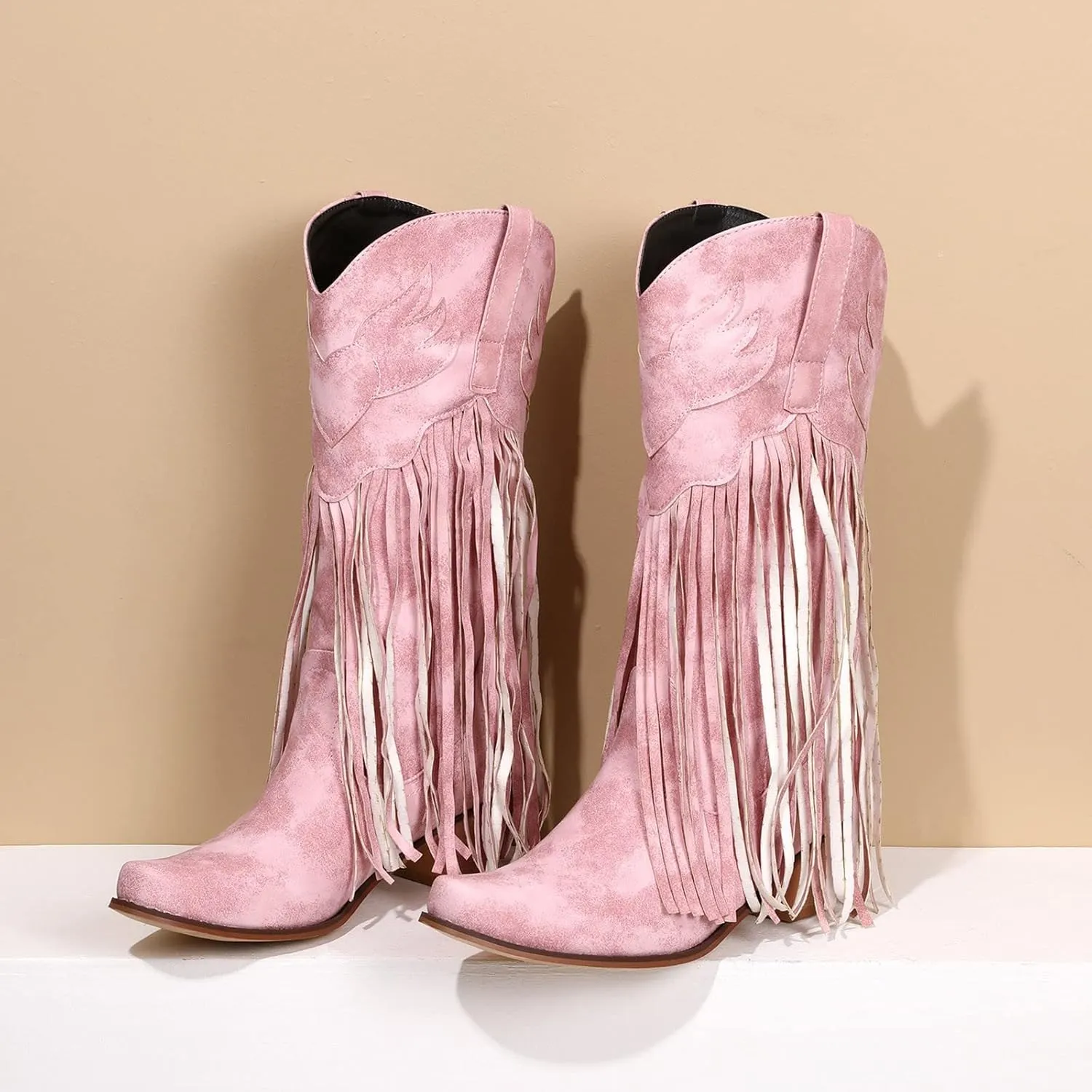 Women's Cowgirl Boots Pointed Toe Fringe Cowboy Boots Western Chunky Mid Heel Boots Knee High Boots with Zipper