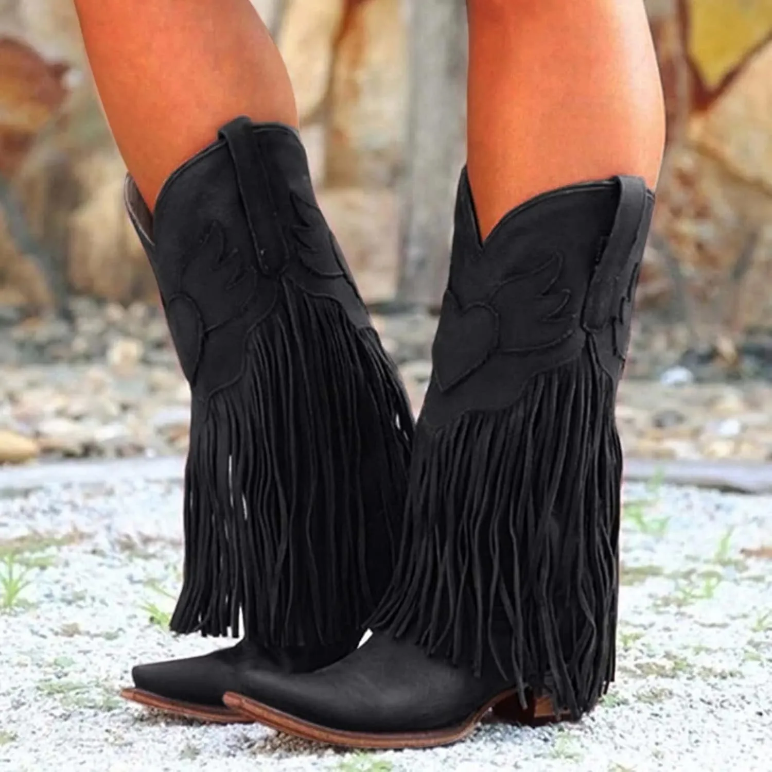 Women's Cowgirl Boots Pointed Toe Fringe Cowboy Boots Western Chunky Mid Heel Boots Knee High Boots with Zipper