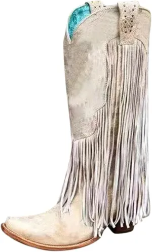 Women's Cowgirl Boots Pointed Toe Fringe Cowboy Boots Western Chunky Mid Heel Boots Knee High Boots with Zipper