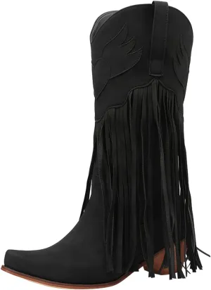Women's Cowgirl Boots Pointed Toe Fringe Cowboy Boots Western Chunky Mid Heel Boots Knee High Boots with Zipper