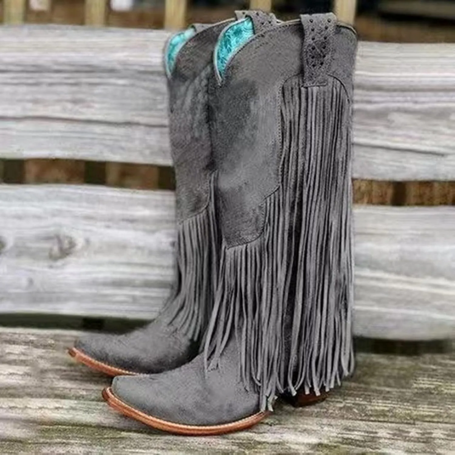 Women's Cowgirl Boots Pointed Toe Fringe Cowboy Boots Western Chunky Mid Heel Boots Knee High Boots with Zipper