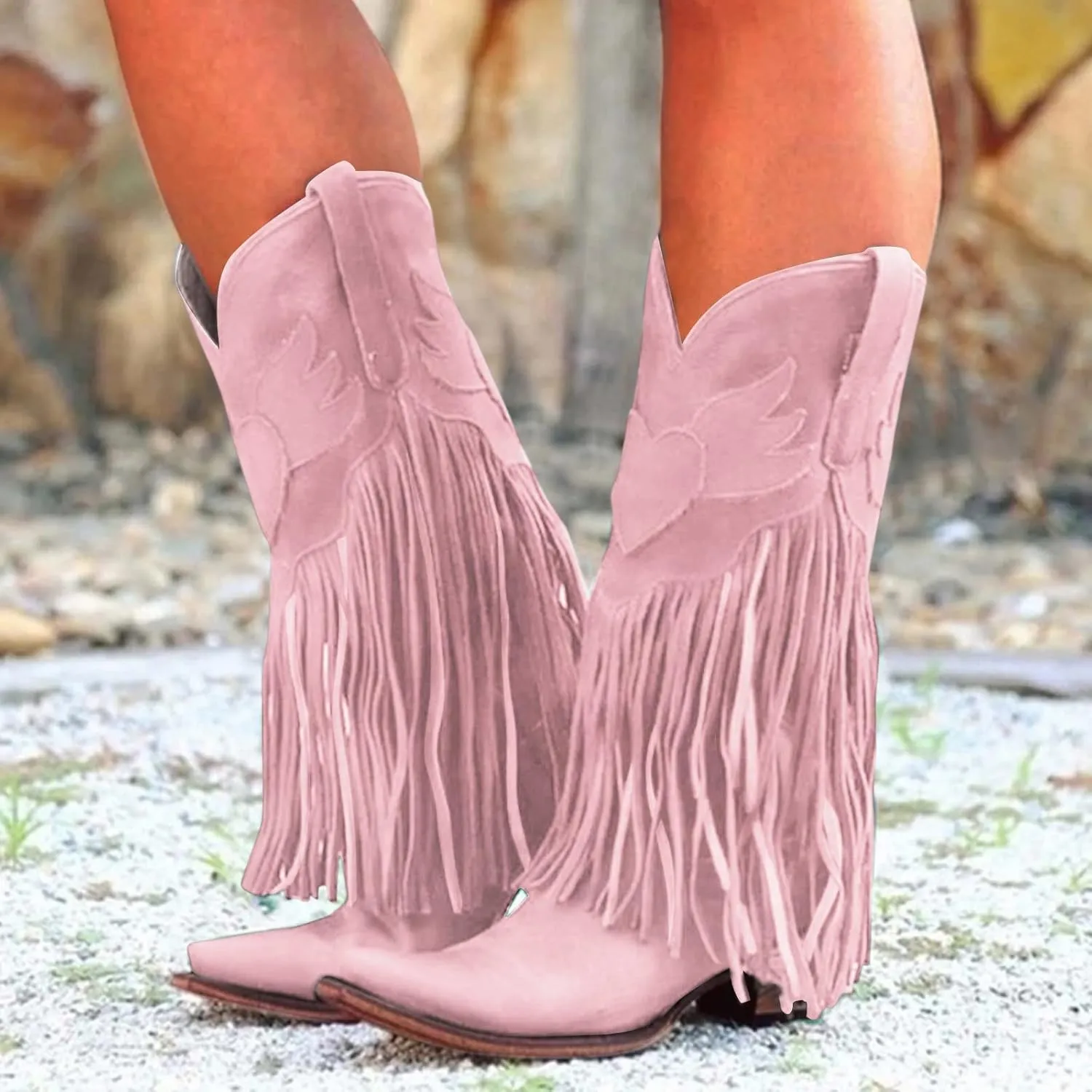 Women's Cowgirl Boots Pointed Toe Fringe Cowboy Boots Western Chunky Mid Heel Boots Knee High Boots with Zipper