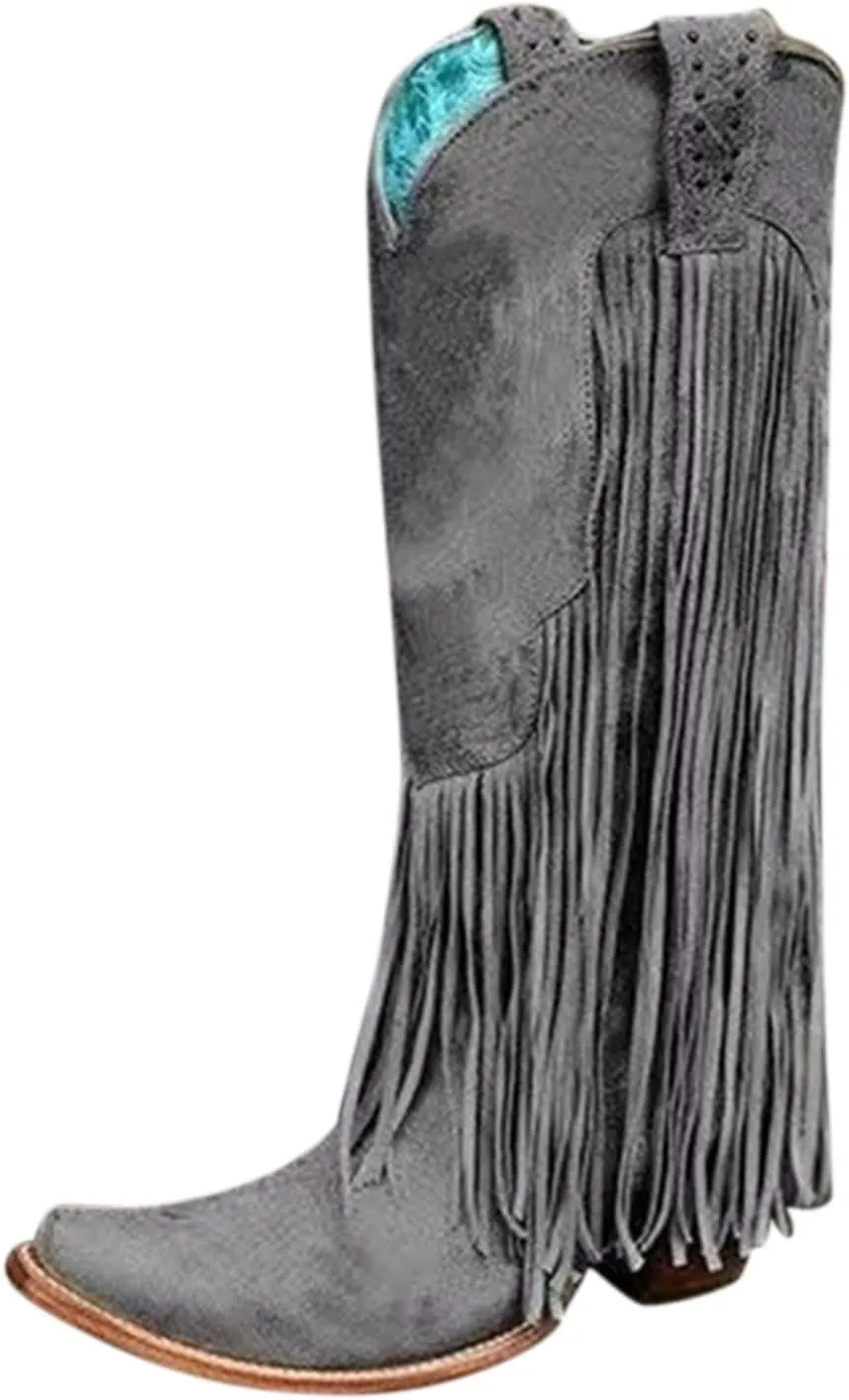 Women's Cowgirl Boots Pointed Toe Fringe Cowboy Boots Western Chunky Mid Heel Boots Knee High Boots with Zipper