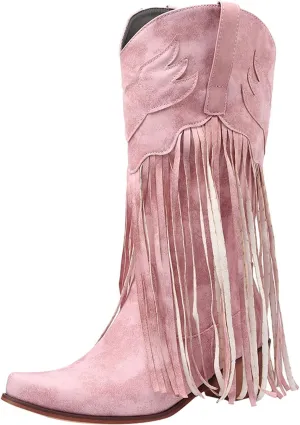 Women's Cowgirl Boots Pointed Toe Fringe Cowboy Boots Western Chunky Mid Heel Boots Knee High Boots with Zipper