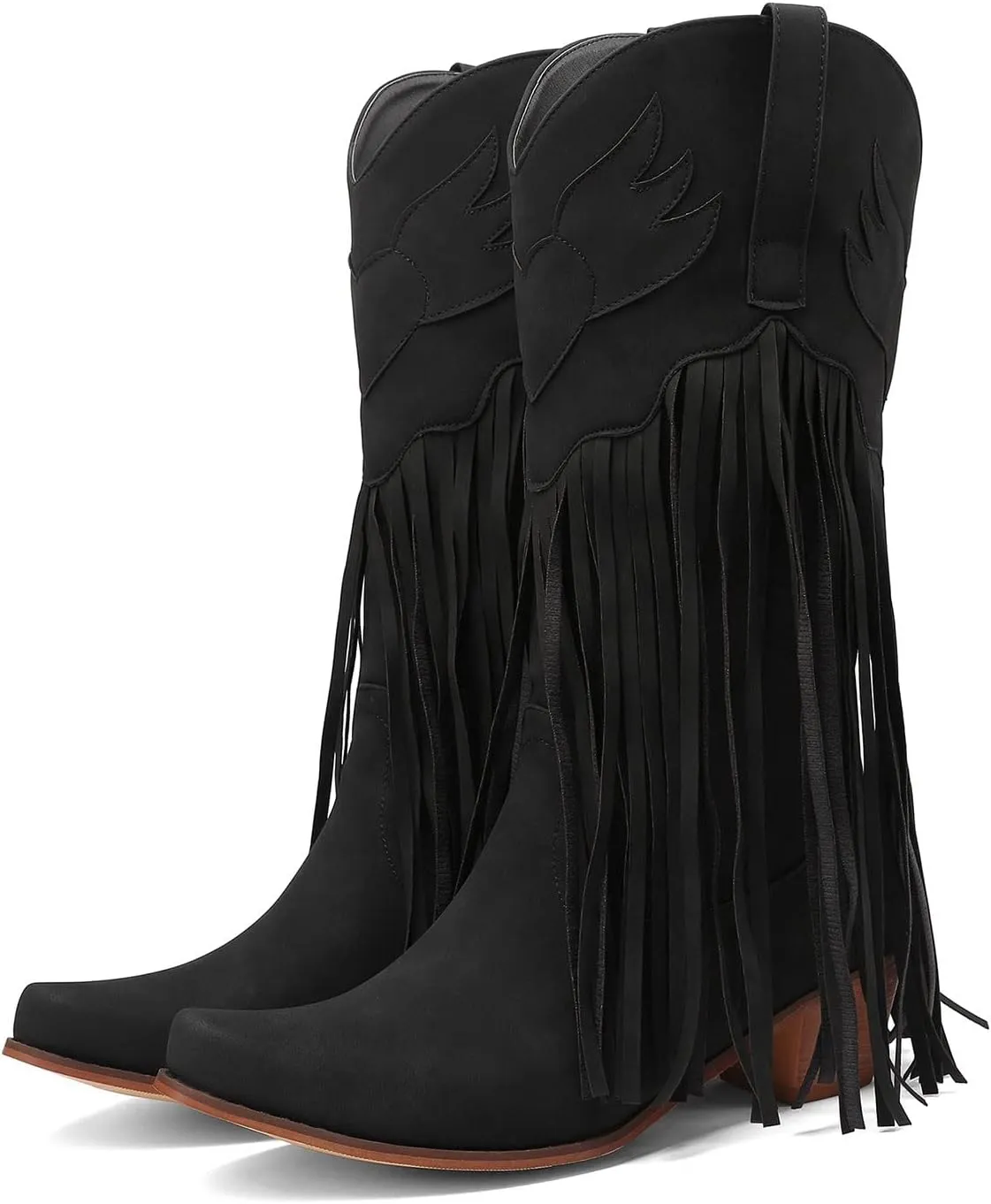 Women's Cowgirl Boots Pointed Toe Fringe Cowboy Boots Western Chunky Mid Heel Boots Knee High Boots with Zipper