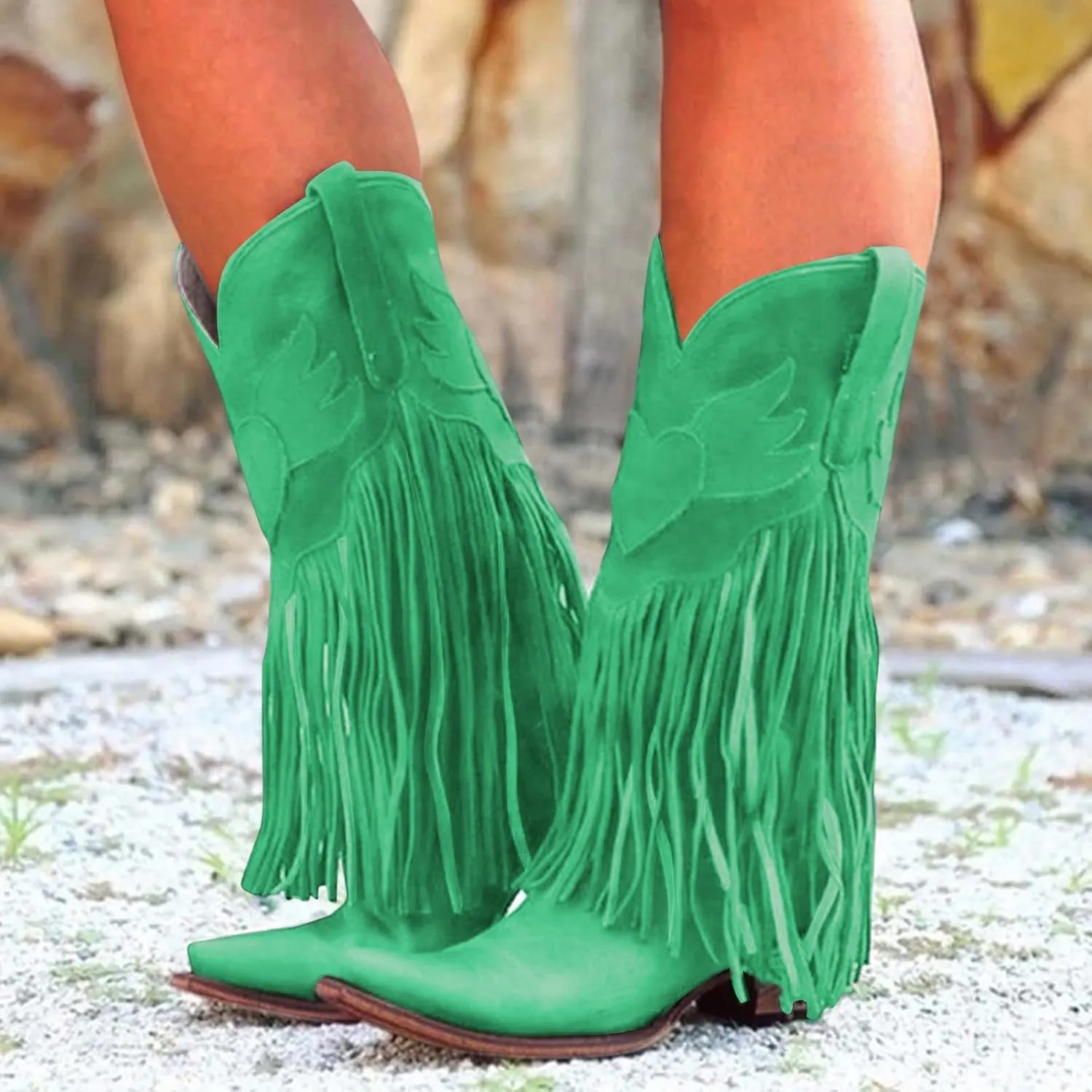 Women's Cowgirl Boots Pointed Toe Fringe Cowboy Boots Western Chunky Mid Heel Boots Knee High Boots with Zipper