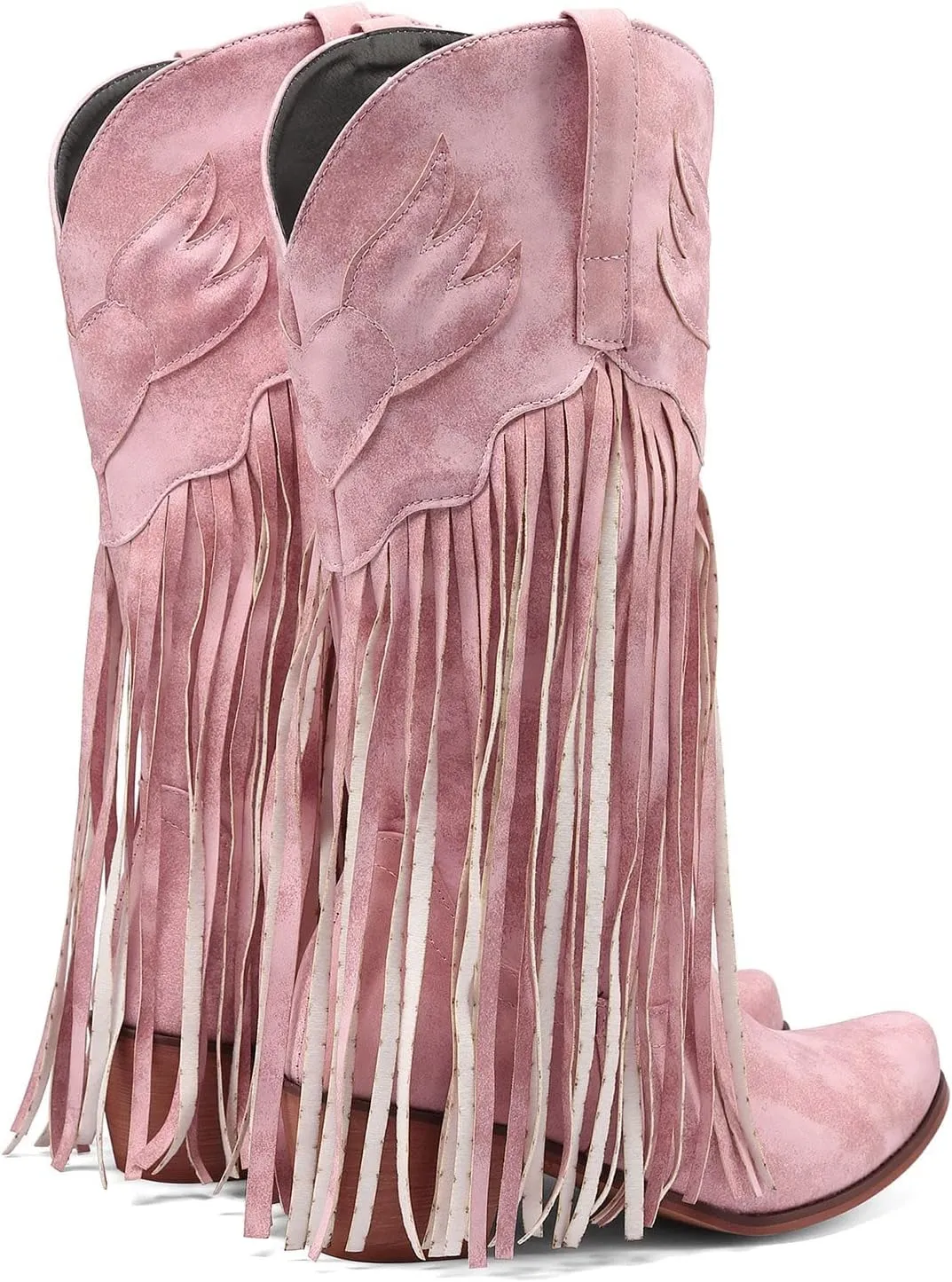 Women's Cowgirl Boots Pointed Toe Fringe Cowboy Boots Western Chunky Mid Heel Boots Knee High Boots with Zipper