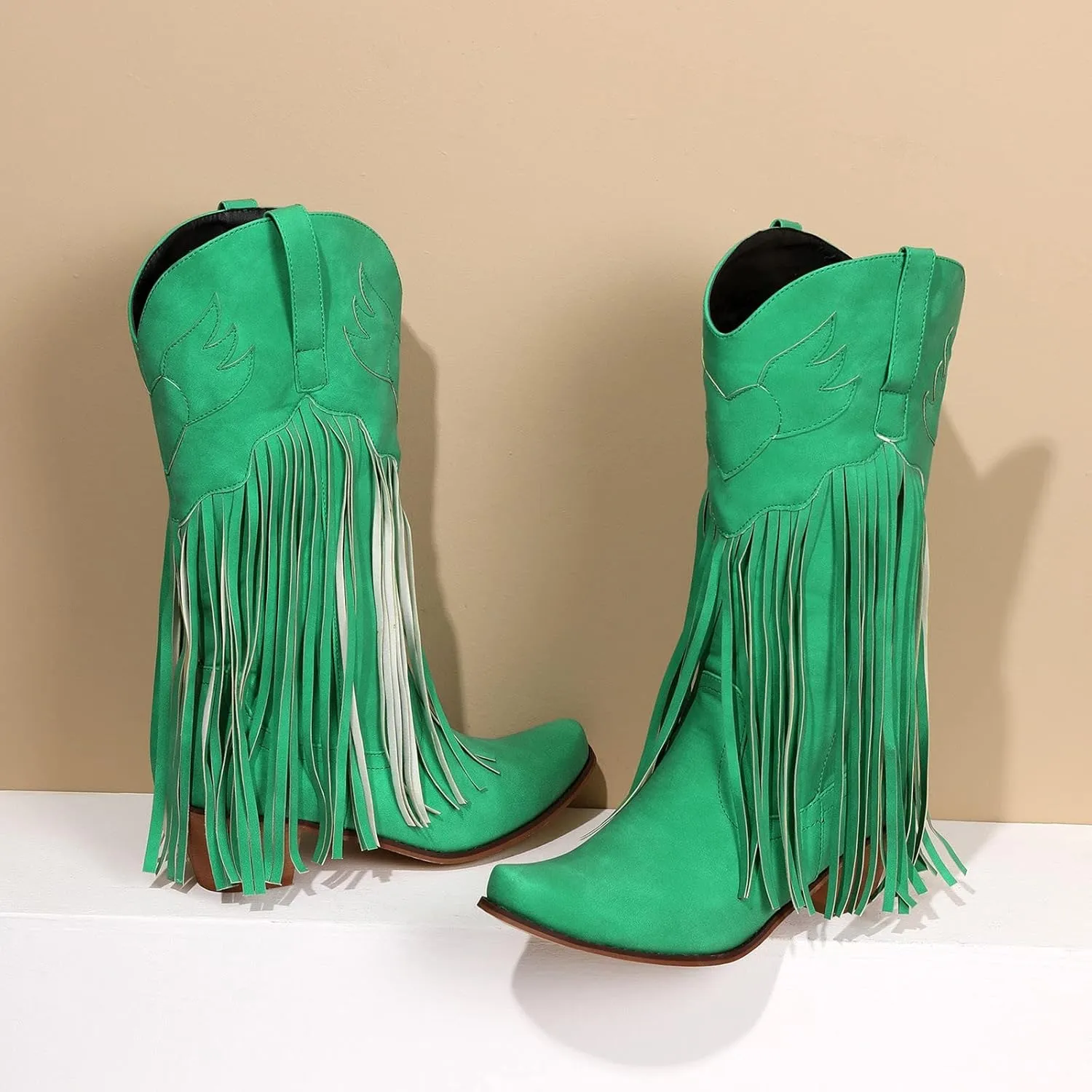 Women's Cowgirl Boots Pointed Toe Fringe Cowboy Boots Western Chunky Mid Heel Boots Knee High Boots with Zipper