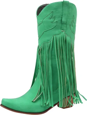 Women's Cowgirl Boots Pointed Toe Fringe Cowboy Boots Western Chunky Mid Heel Boots Knee High Boots with Zipper