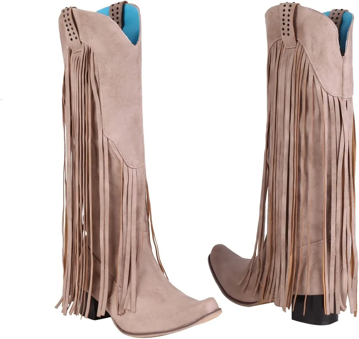 Women's Cowgirl Boots Pointed Toe Fringe Cowboy Boots Western Chunky Mid Heel Boots Knee High Boots with Zipper