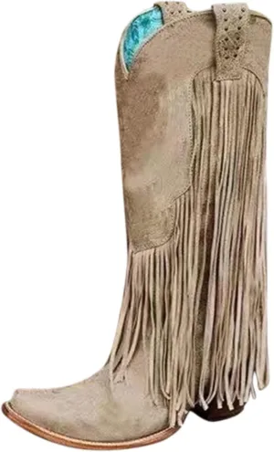 Women's Cowgirl Boots Pointed Toe Fringe Cowboy Boots Western Chunky Mid Heel Boots Knee High Boots with Zipper