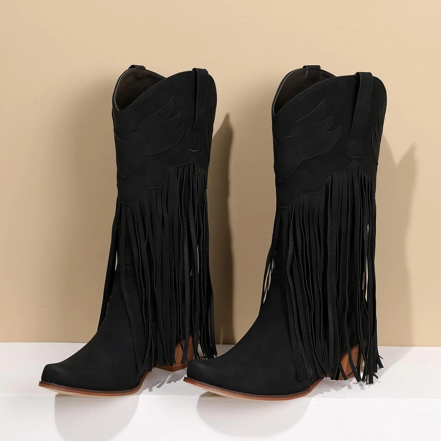 Women's Cowgirl Boots Pointed Toe Fringe Cowboy Boots Western Chunky Mid Heel Boots Knee High Boots with Zipper