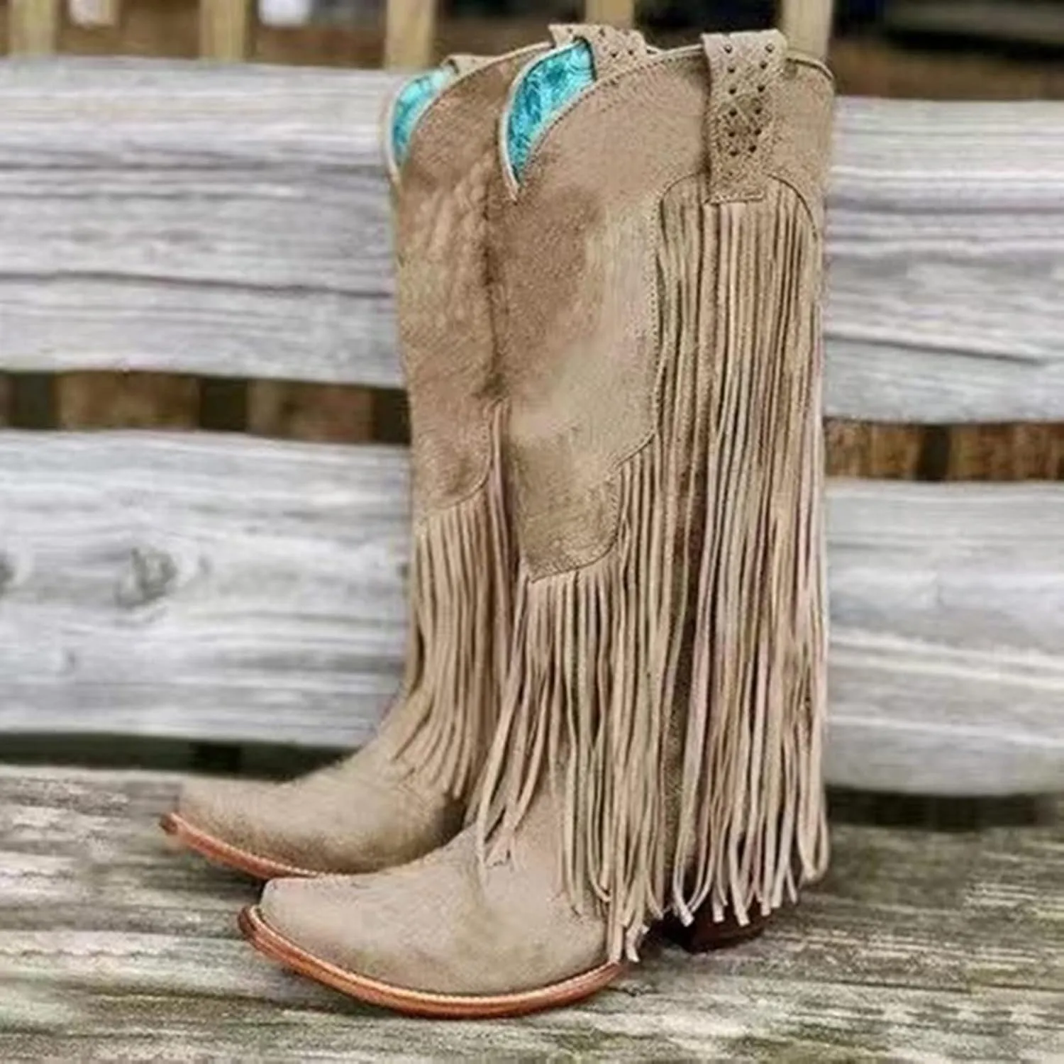 Women's Cowgirl Boots Pointed Toe Fringe Cowboy Boots Western Chunky Mid Heel Boots Knee High Boots with Zipper