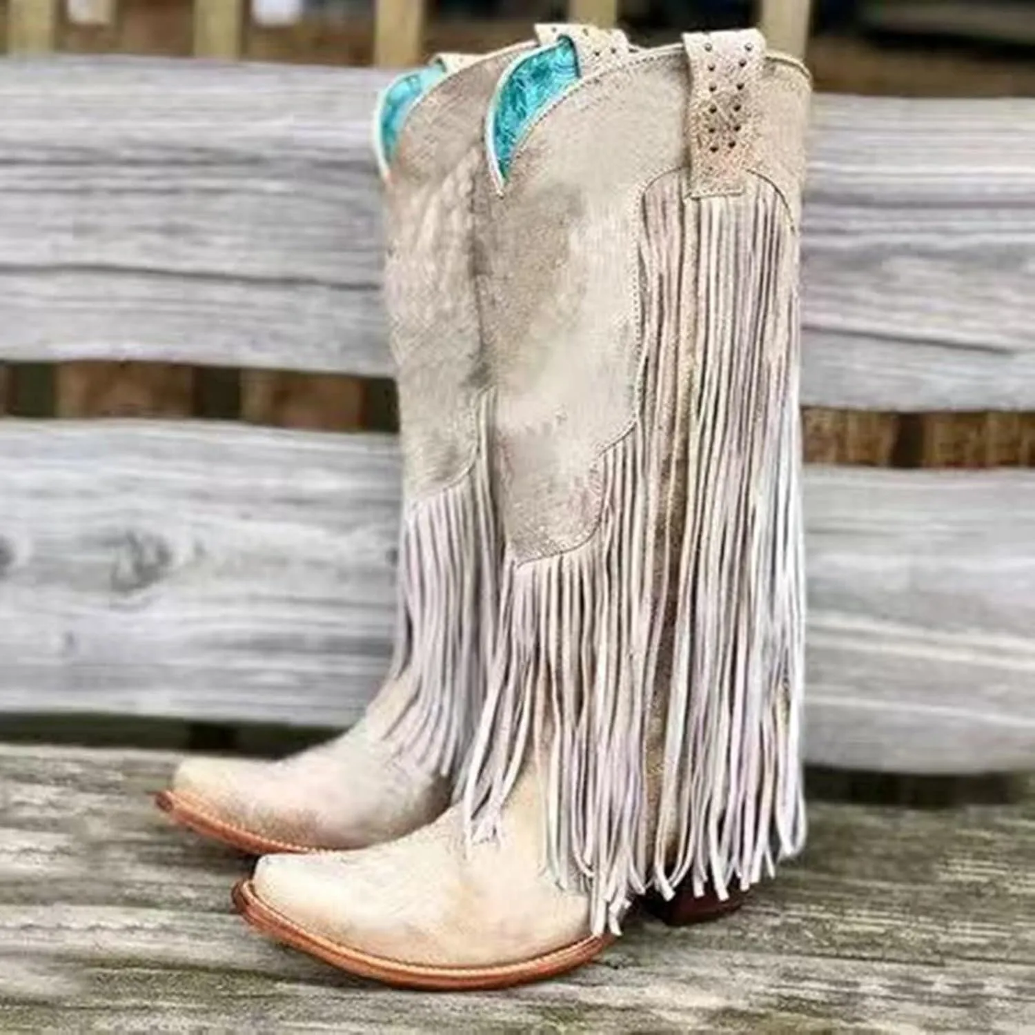 Women's Cowgirl Boots Pointed Toe Fringe Cowboy Boots Western Chunky Mid Heel Boots Knee High Boots with Zipper